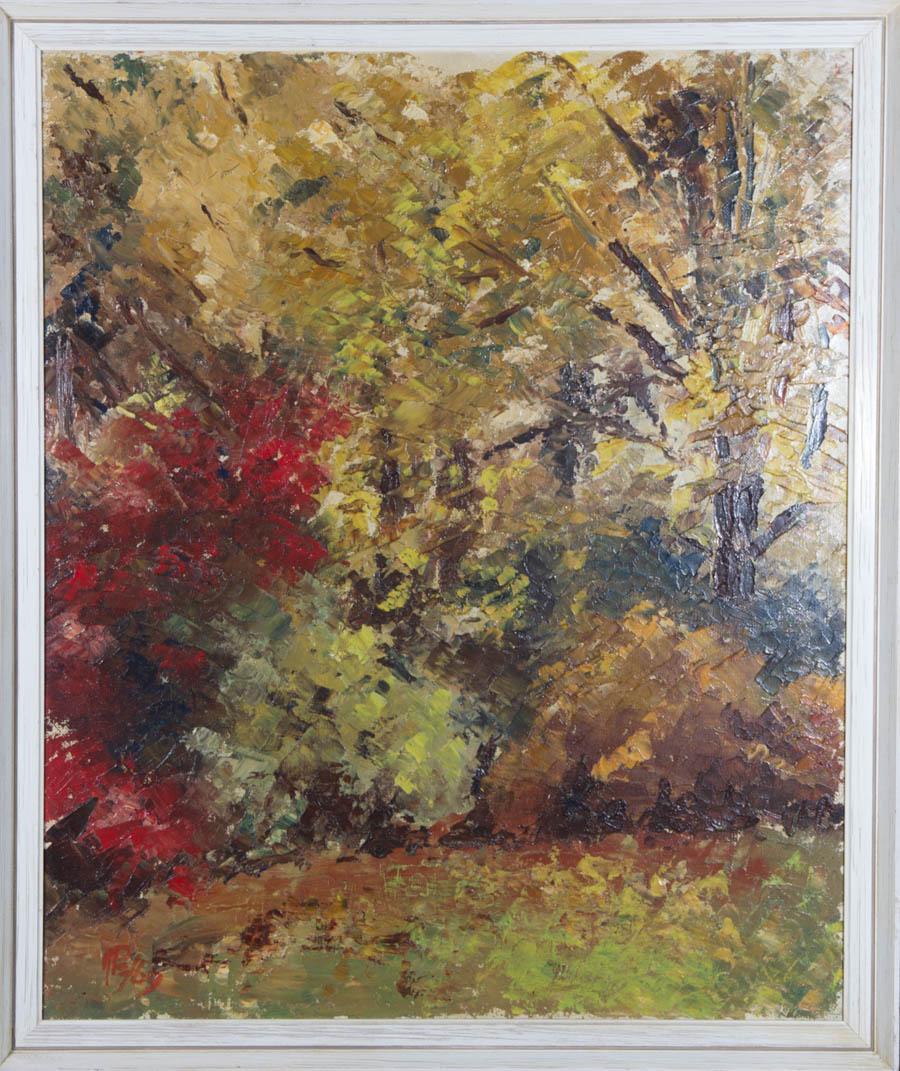 Un affascinante dipinto a olio dell'artista Margaret Pullan. La scena raffigura un paesaggio di giardino in autunno con alberi. Con pennellate a impasto, l'artista è riuscito a creare una composizione espressiva e ben bilanciata, mettendo in risalto
