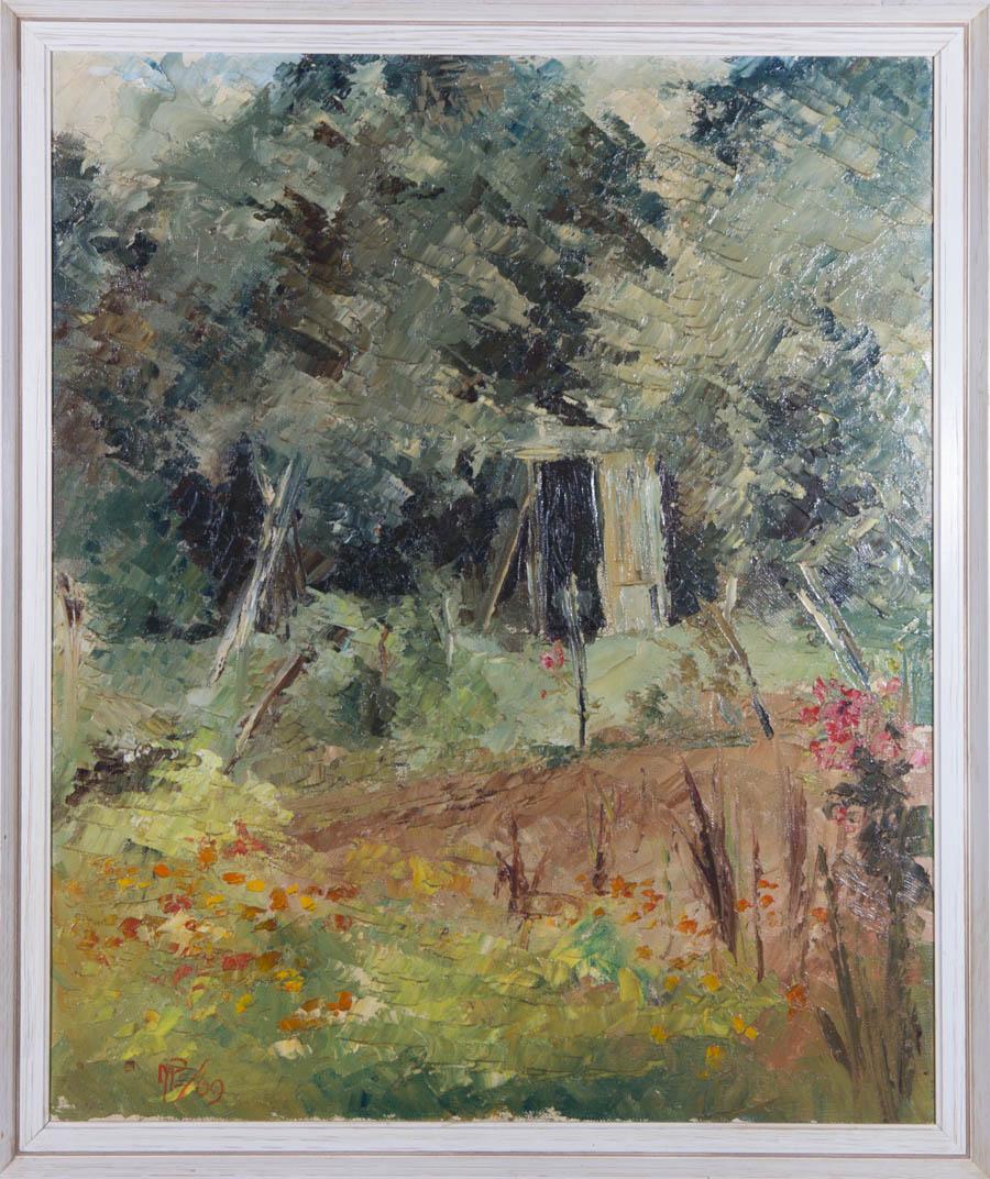 Une peinture à l'huile captivante de l'artiste Margaret Pullan. La scène représente un paysage de jardin avec des arbres et des fleurs. Par des coups de pinceau empâtés, l'artiste a réussi à créer une composition expressive et équilibrée, mettant en