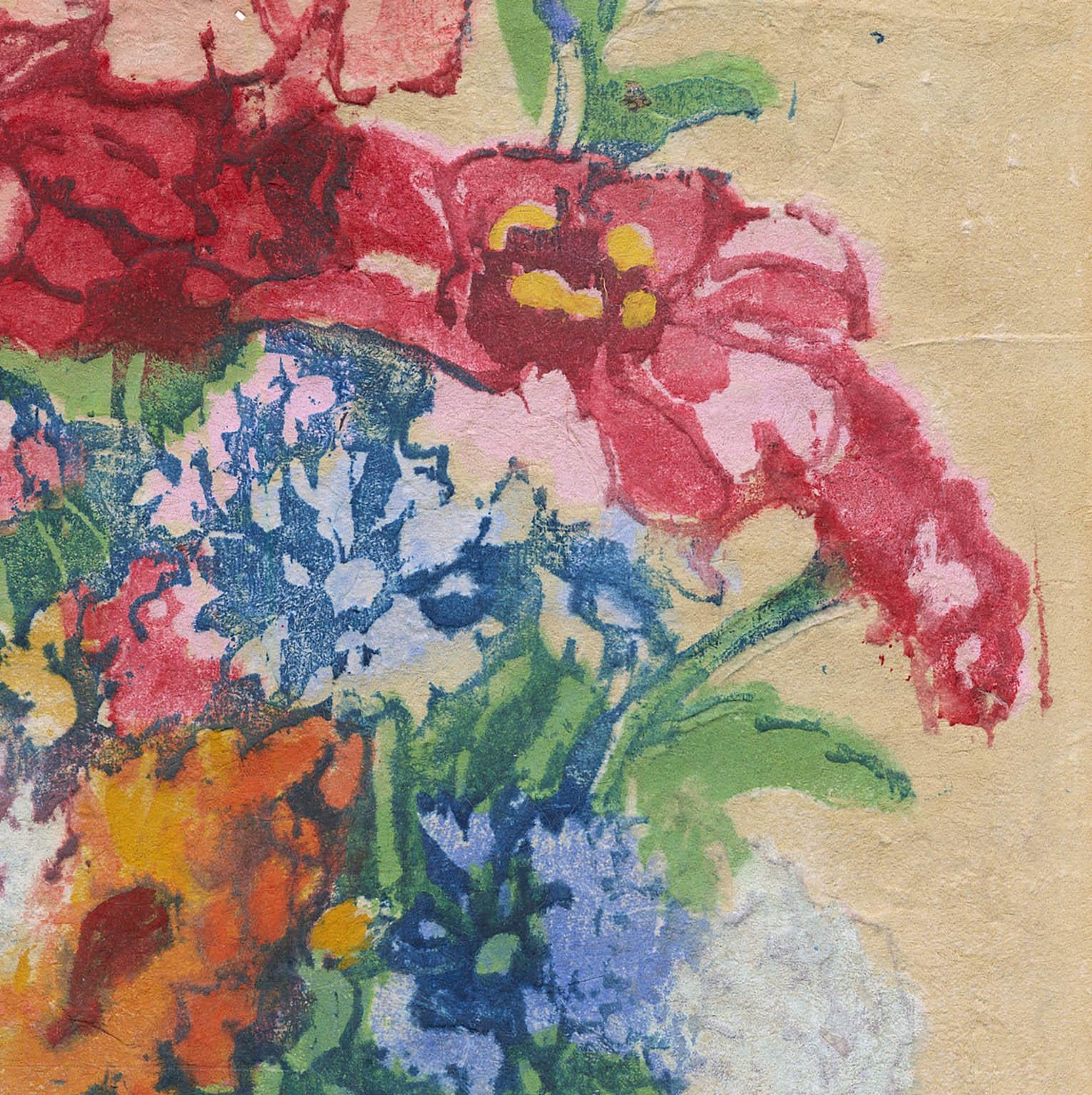 Zinnias and Bachelor Buttons. - Brown Still-Life Print by Margaret Jordan Patterson