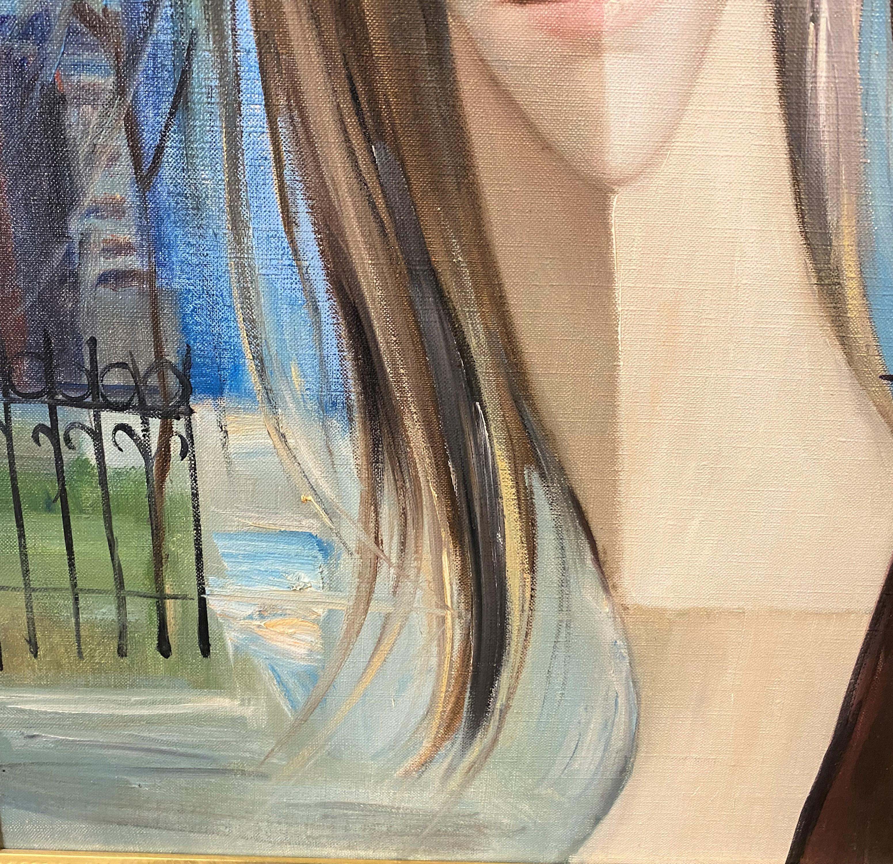 Bonito retrato modernista de una mujer, obra de la artista estadounidense Margaret Hawkins Keane (1927-2022). Keane nació en Nashville,TN, y atribuye su profundo respeto por la Biblia y la inspiración de sus obras de arte a la relación con su