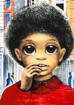 Ragazzo in camicia rossa, litografia originale di Margaret Keane, 1980 ca.