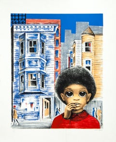 Junger Junge in rotem Hemd Originallithographie von Margaret Keane um 1980