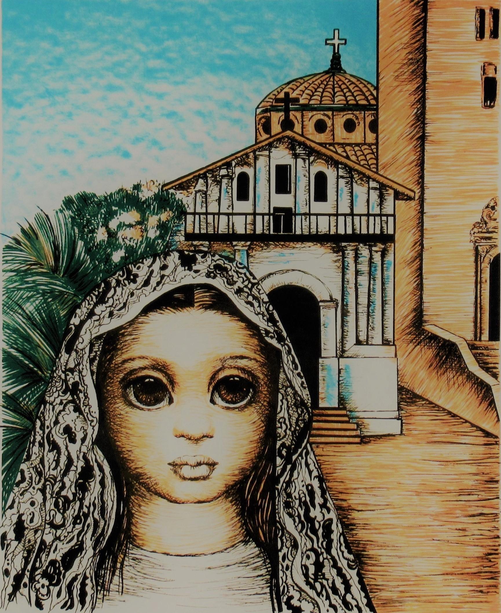 San Francisco, Girl with Mission Dolores - Print by Margaret Keane