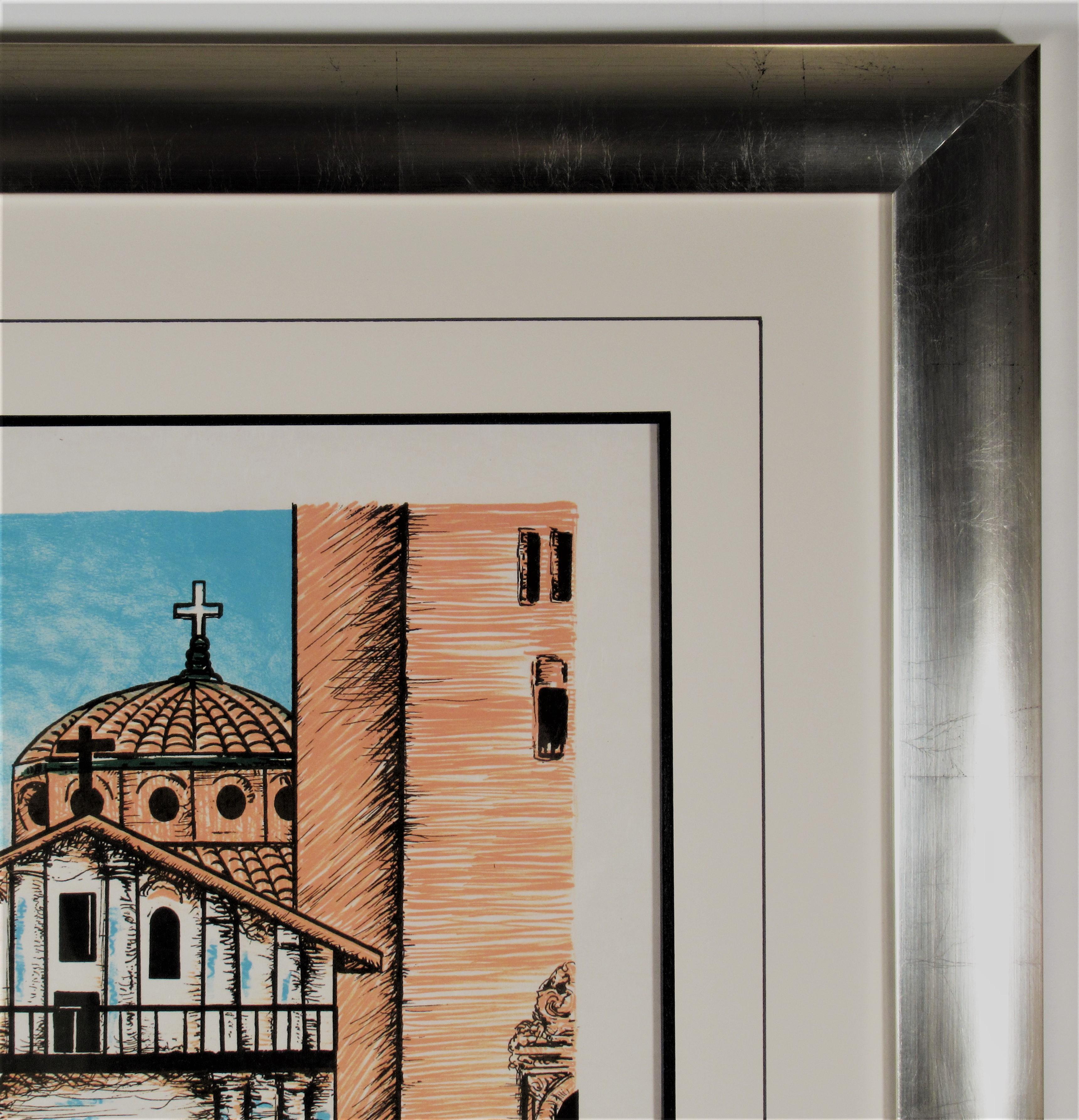 San Francisco, Girl with Mission Dolores - Gray Figurative Print by Margaret Keane