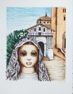 Vintage San Francisco, Girl with Mission Dolores original lithograph by Margaret Keane