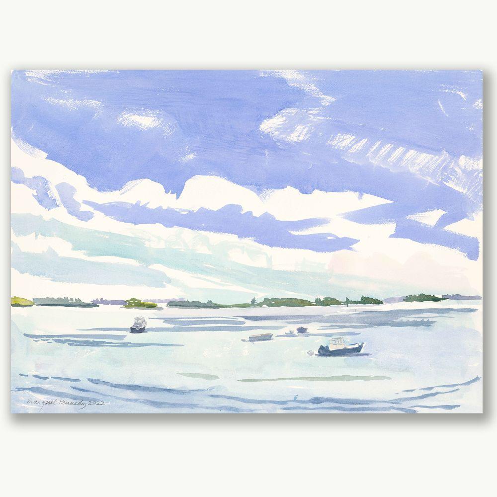 Margaret Kennedy Landscape Painting - Moored Boats and Moving Clouds
