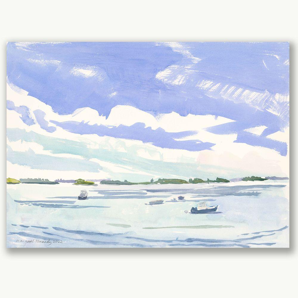 Landscape Painting de Margaret Kennedy - Barcos amarrados y nubes en movimiento