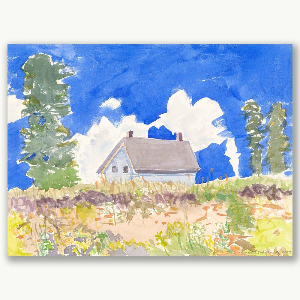 Sand Dunes with House and Bluest Sky - Painting by Margaret Kennedy