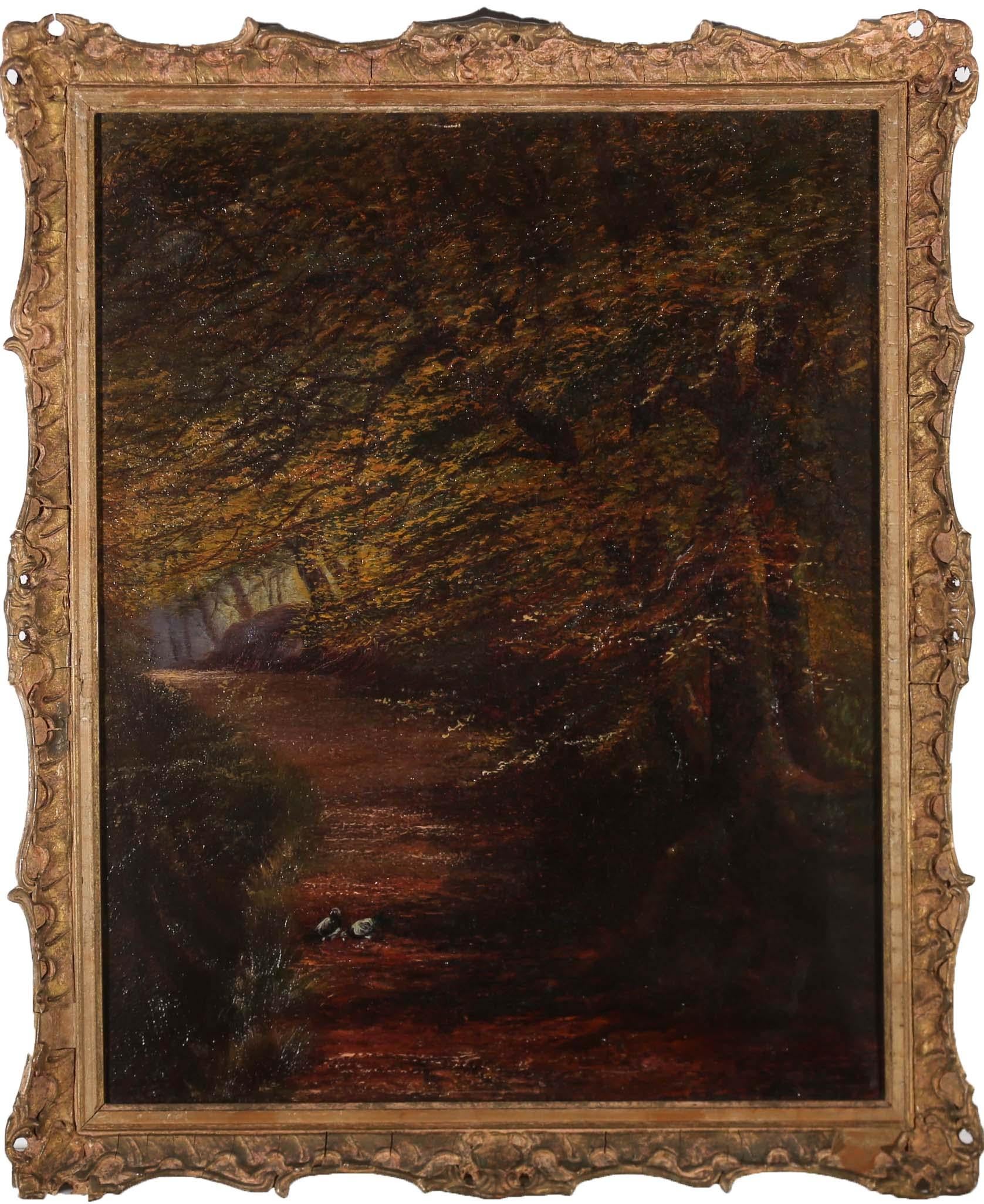 A rich and rendered study of two pigeon on a quiet woodland path by 19th century artist Margaret L. Fisher. Sweeping through the top half of the composition, beech trees can be seen changing to their autumn colour. Signed and dated to the lower