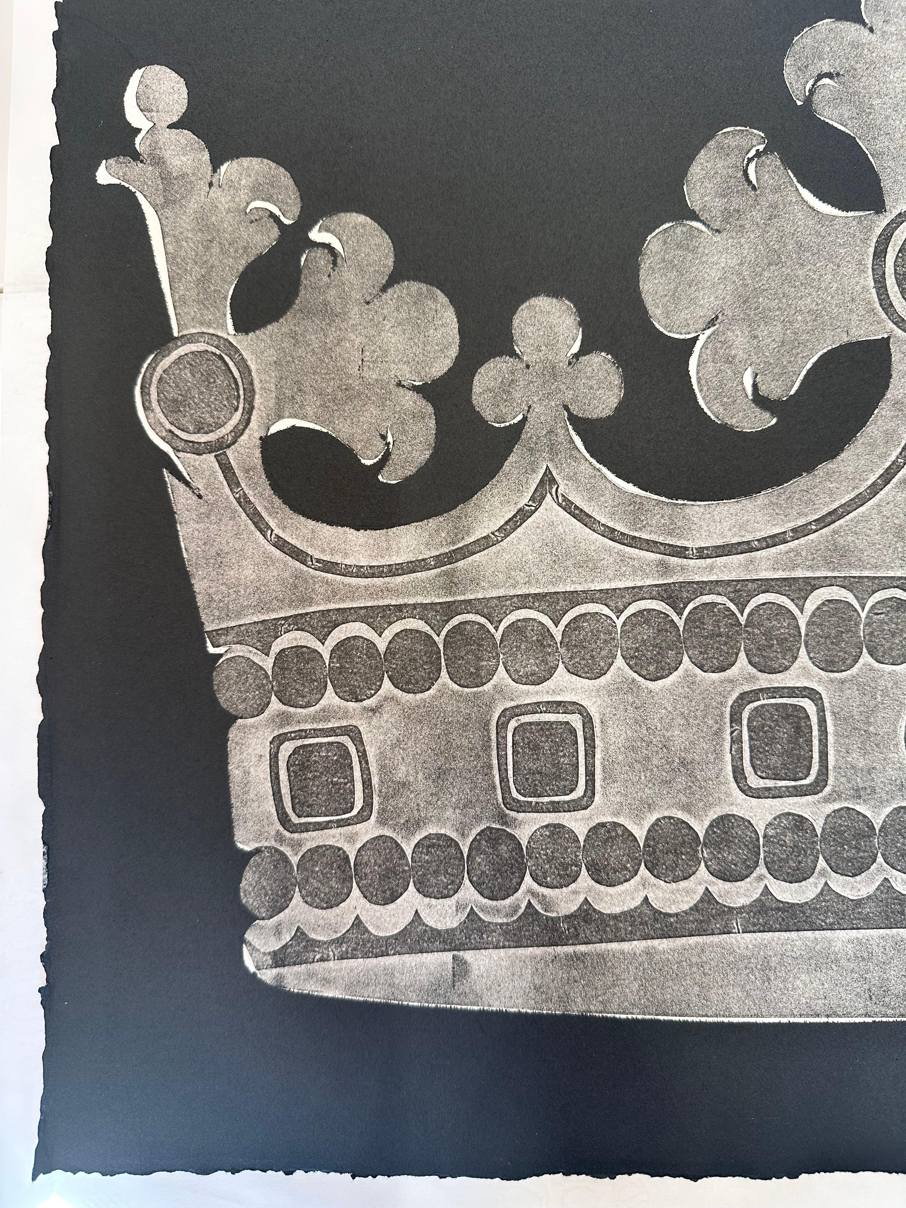 Contemporary gray and white monoprint in oil-based inks, paper and Mylar relief on Rives BFK paper of a Duke and Duchess crown on a black background. Available unframed. Signed, dated and titled on verso.

From the artist's statement:
I have always