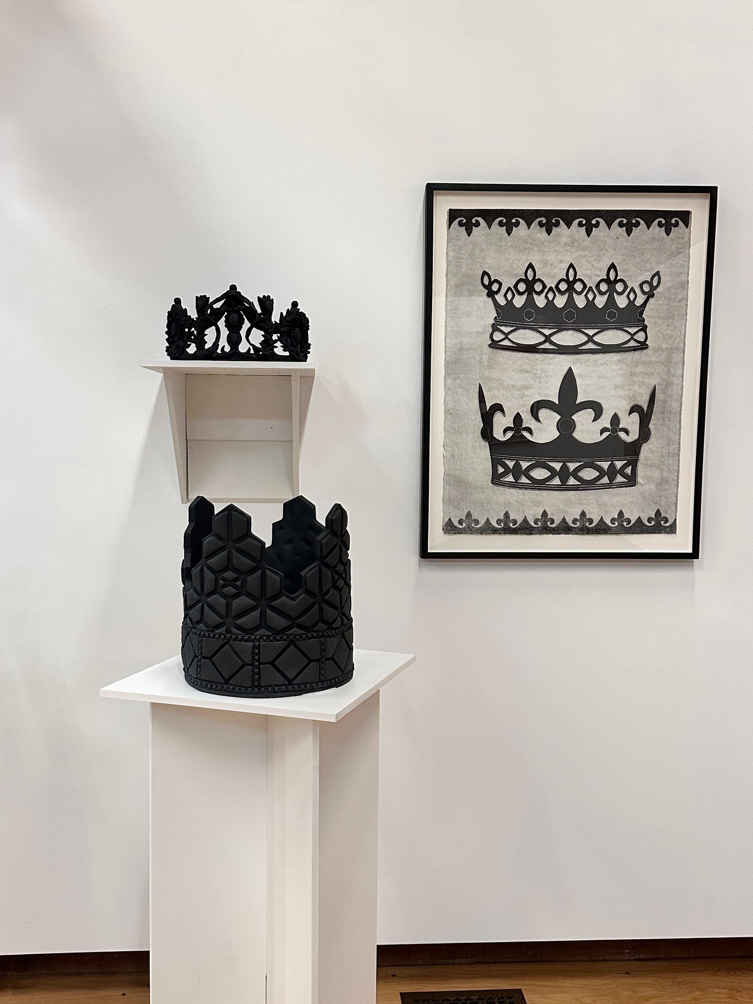 Contemporary gray and white monoprint in oil-based inks, paper and Mylar relief on Rives BFK paper of a Marquess and Marchioness crown and a Fleur de Lis pattern towards the bottom of the composition. 

30 x 22 inches (unframed), 34 x 26.5 inches