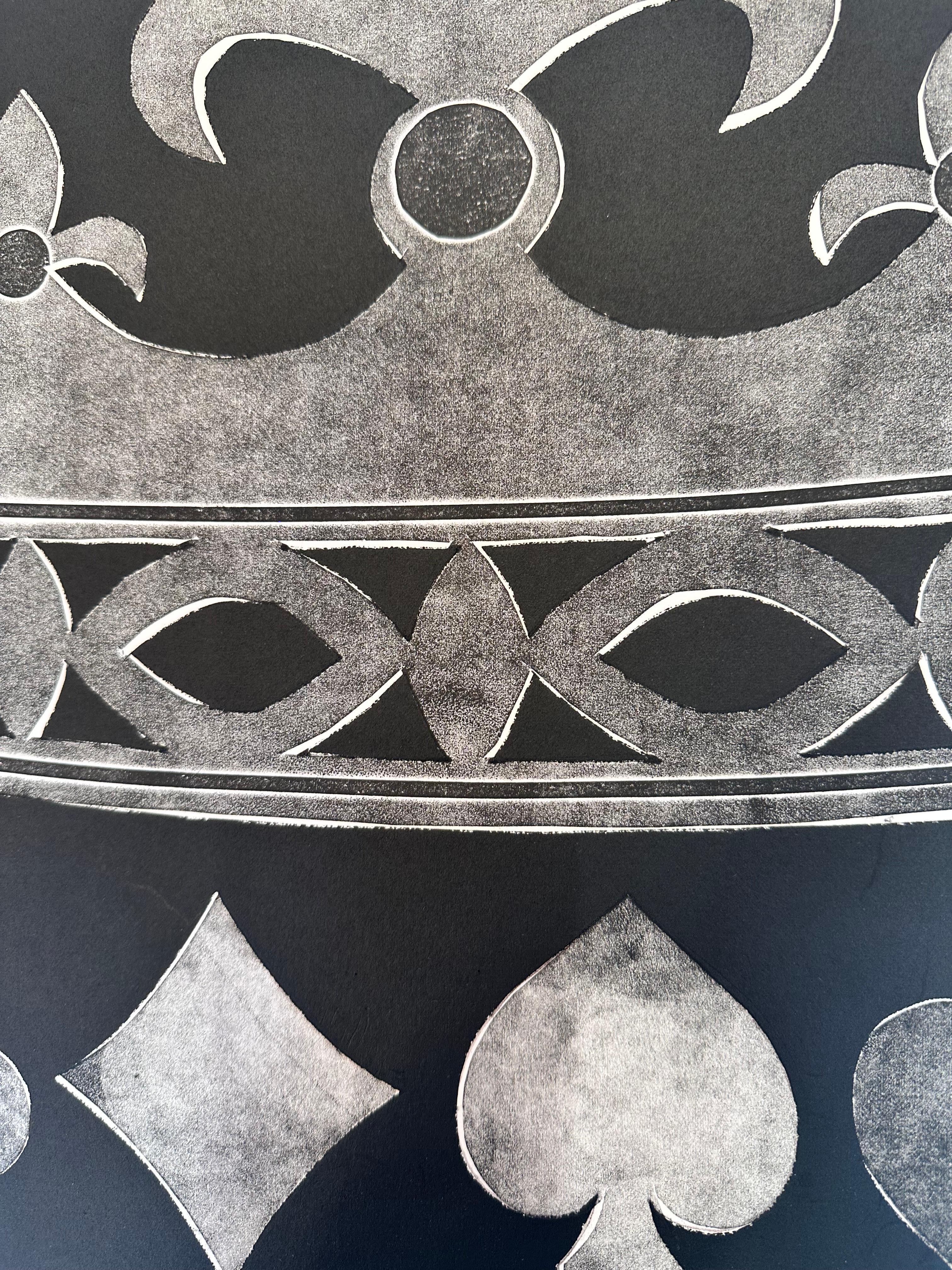 Contemporary gray and white monoprint in oil-based inks, paper and Mylar relief on Rives BFK paper of a Marquess and Marchioness crown above a heart, club, spade, and diamond and a fleur-de-lis pattern along the edges of the composition. Available