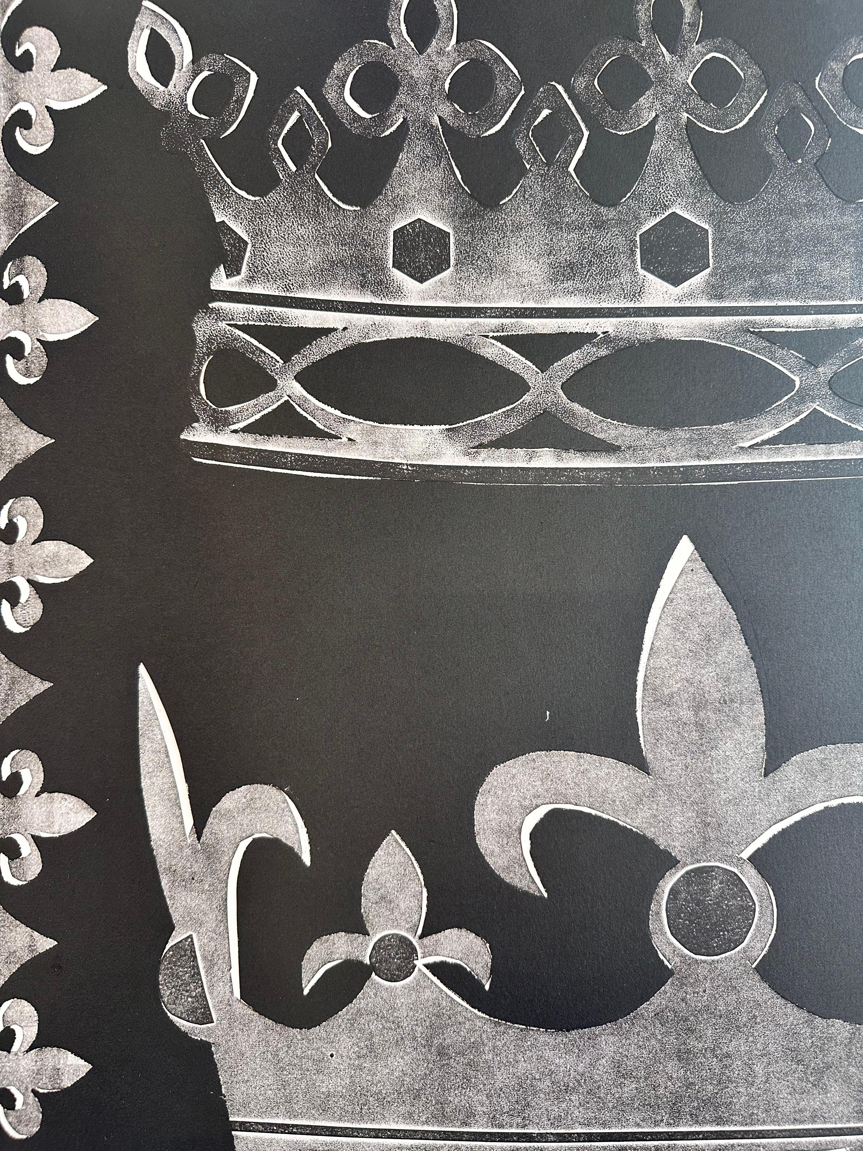 Marquess Marchioness X - Black Gray Royal Crowns Heart Diamond Monoprint, 2021 For Sale 2