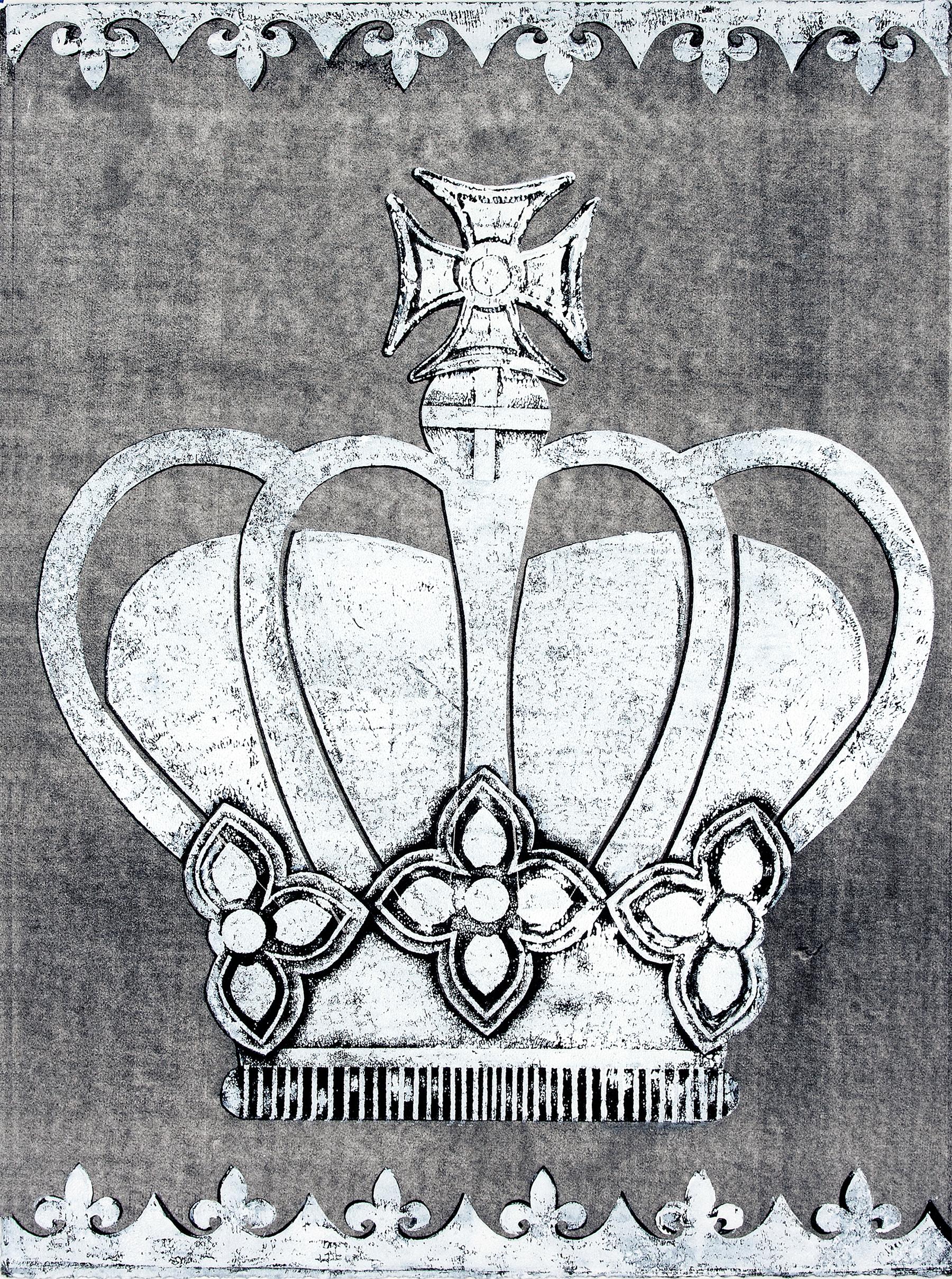 Monarch IV – Krone Monotypie Weiß Grau Royal King Fleur-de-lis, 2021 – Print von Margaret Lanzetta