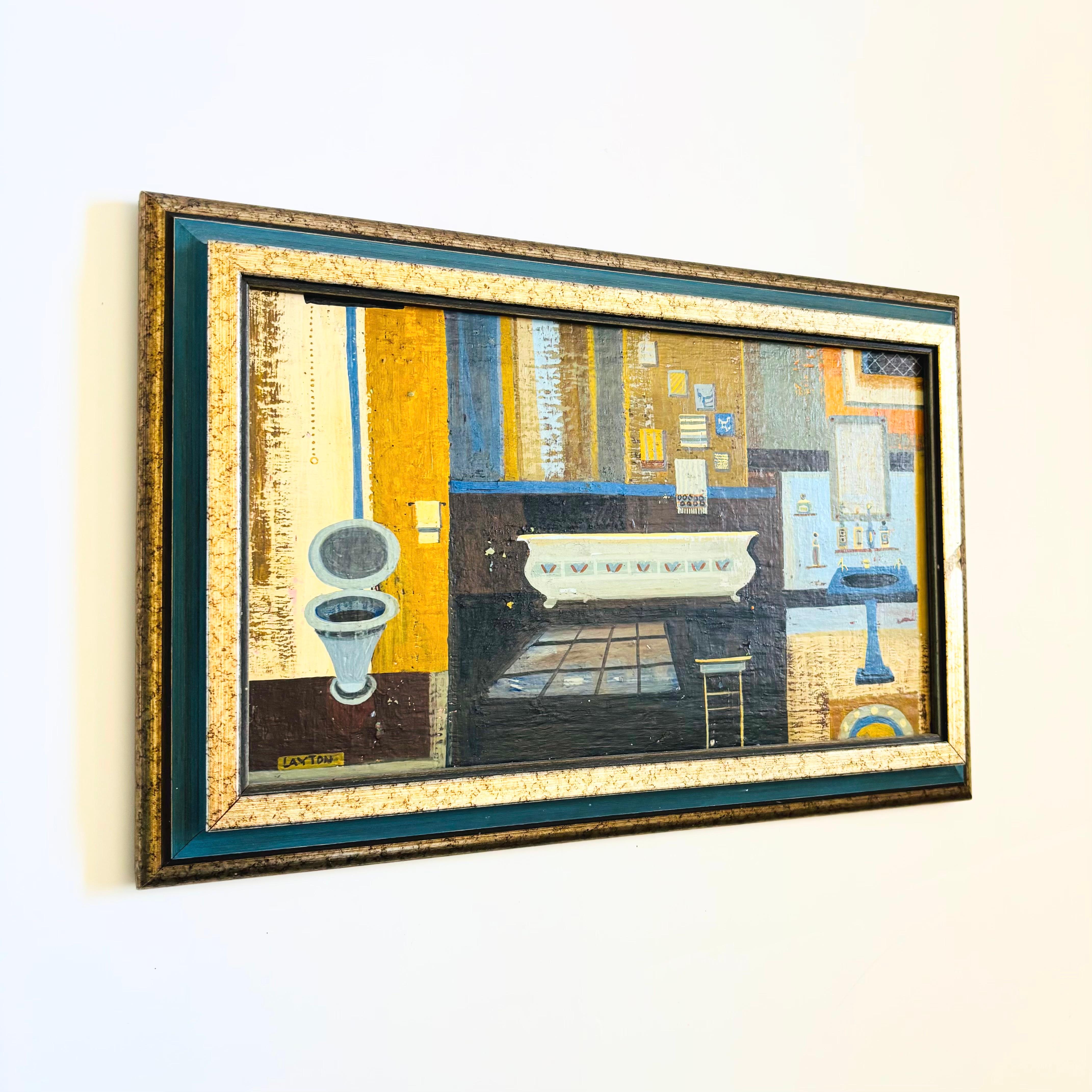 Ein Original-Gouache auf Karton Gemälde eines Badezimmers Szene von Mitte des Jahrhunderts Künstler, Margaret Layton. Wunderschöne Details im gesamten Gebäude. Signiert in der linken unteren Ecke. Montiert in einem bemalten Holzrahmen. Die