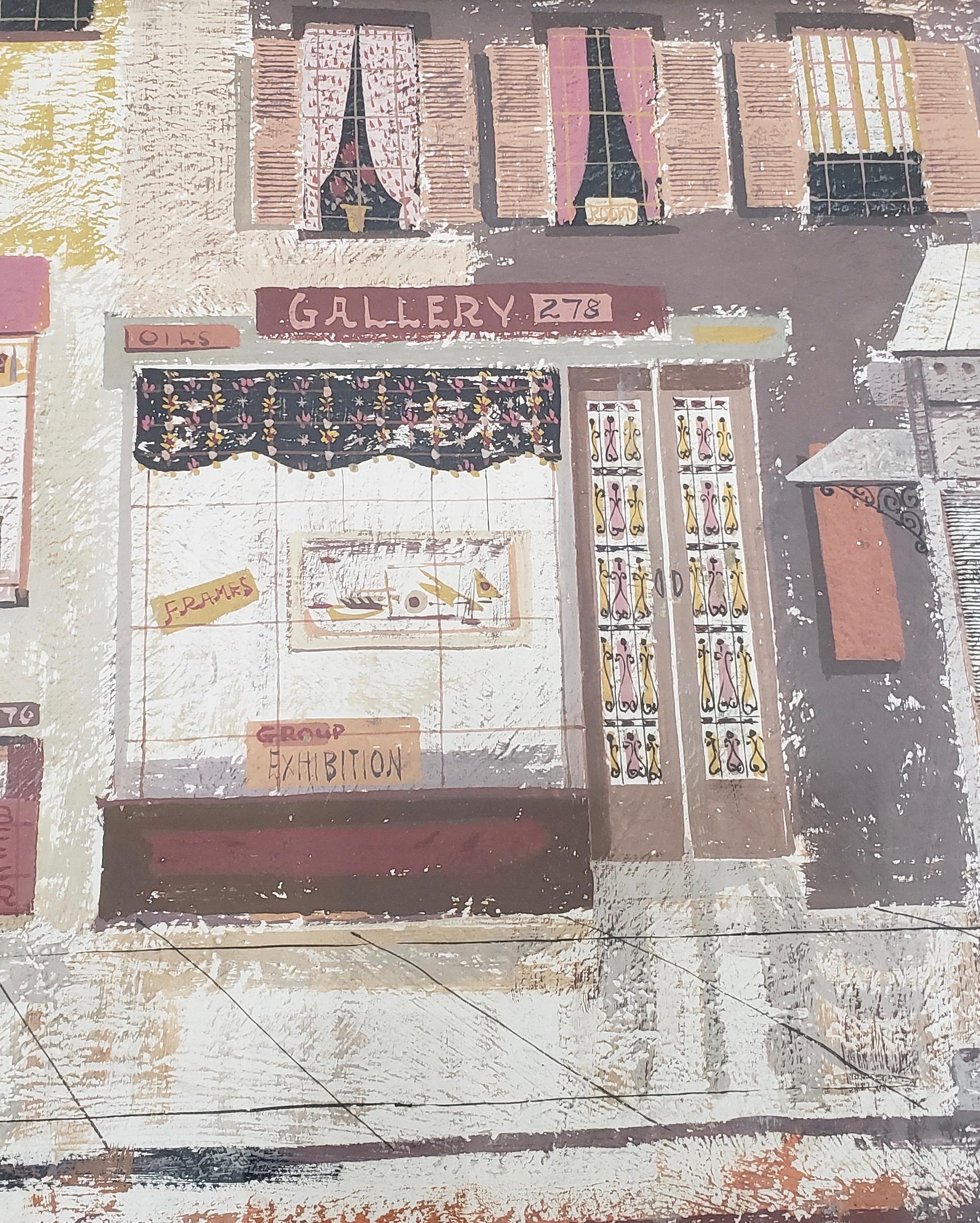 20ième siècle Margaret Layton « Parker Street », gouache sur panneau de la ville de New York, vers les années 1950 en vente
