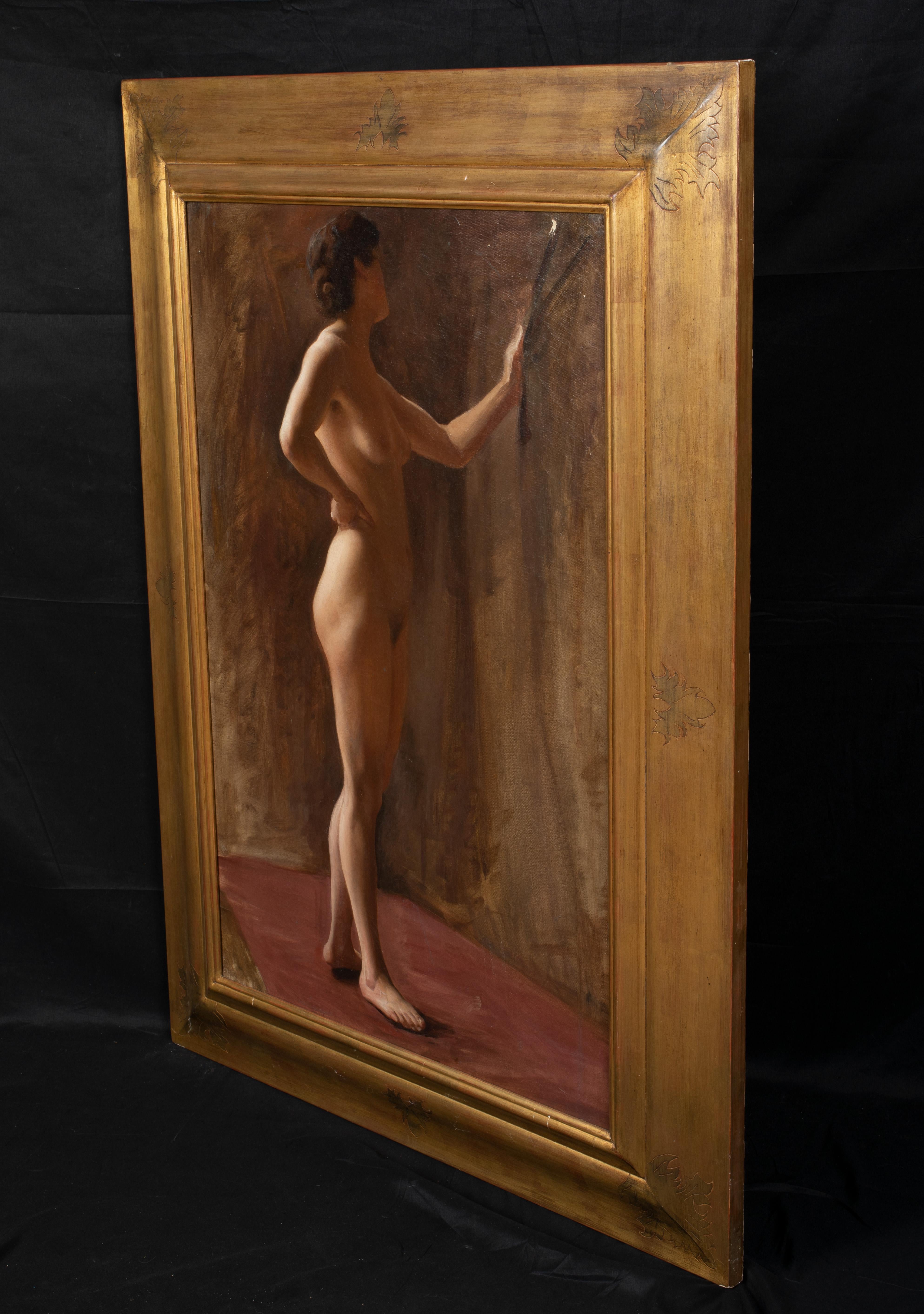 Full Length Nude Female Portrait In The Artists Studio, dated 1909 - Brown Nude Painting by Margaret Lindsay WIlliams