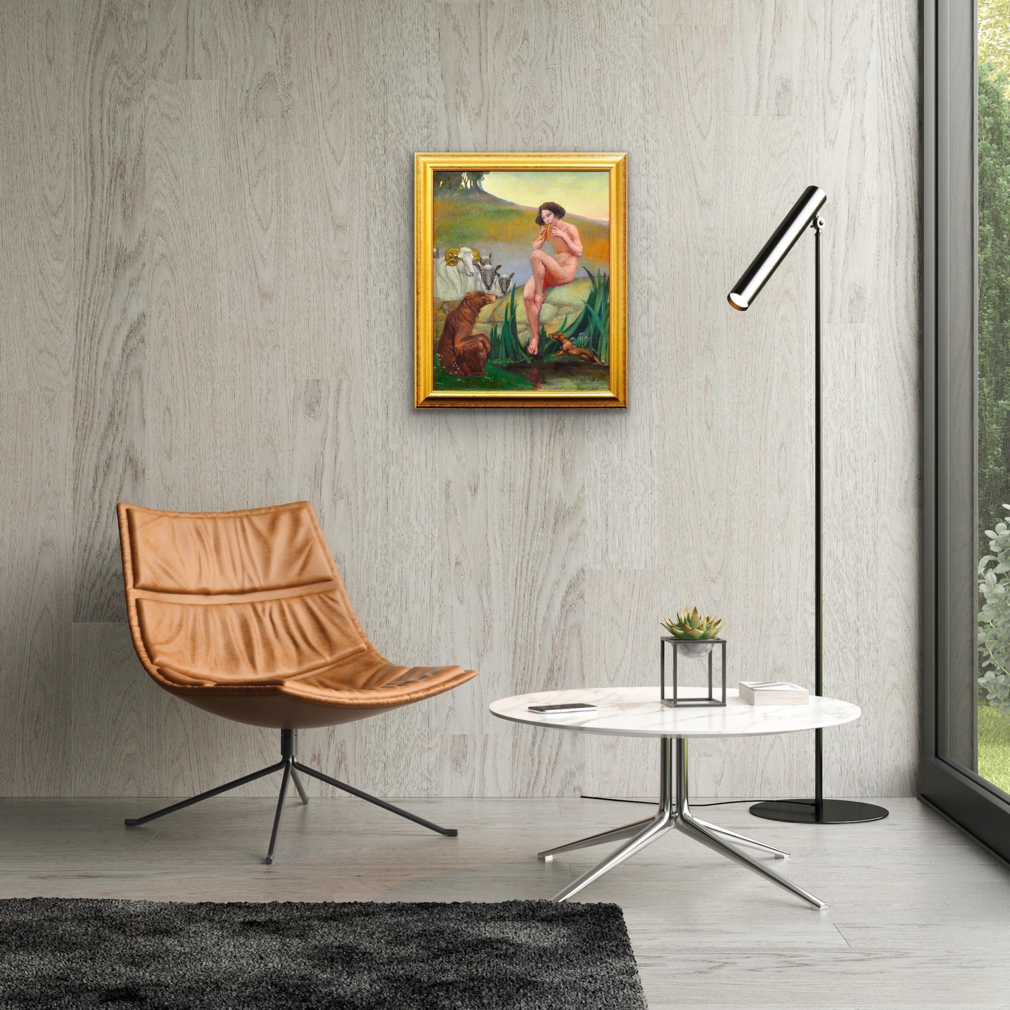Pan Dios De La Naturaleza Tocando La Flauta De Pan Desnudo Mitológico Con Animales Pintura Al Óleo en venta 5