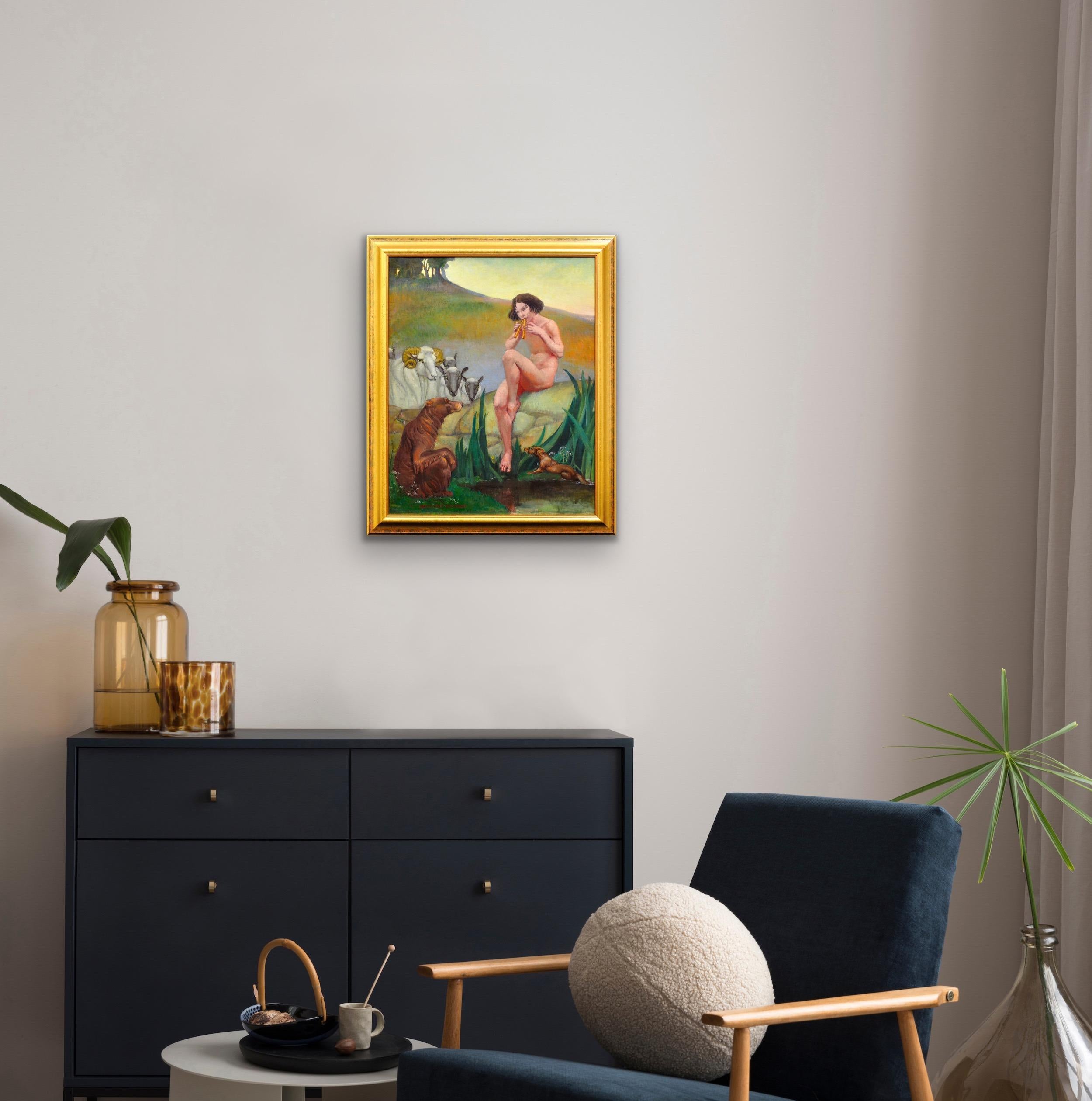 Pan Dios De La Naturaleza Tocando La Flauta De Pan Desnudo Mitológico Con Animales Pintura Al Óleo en venta 7