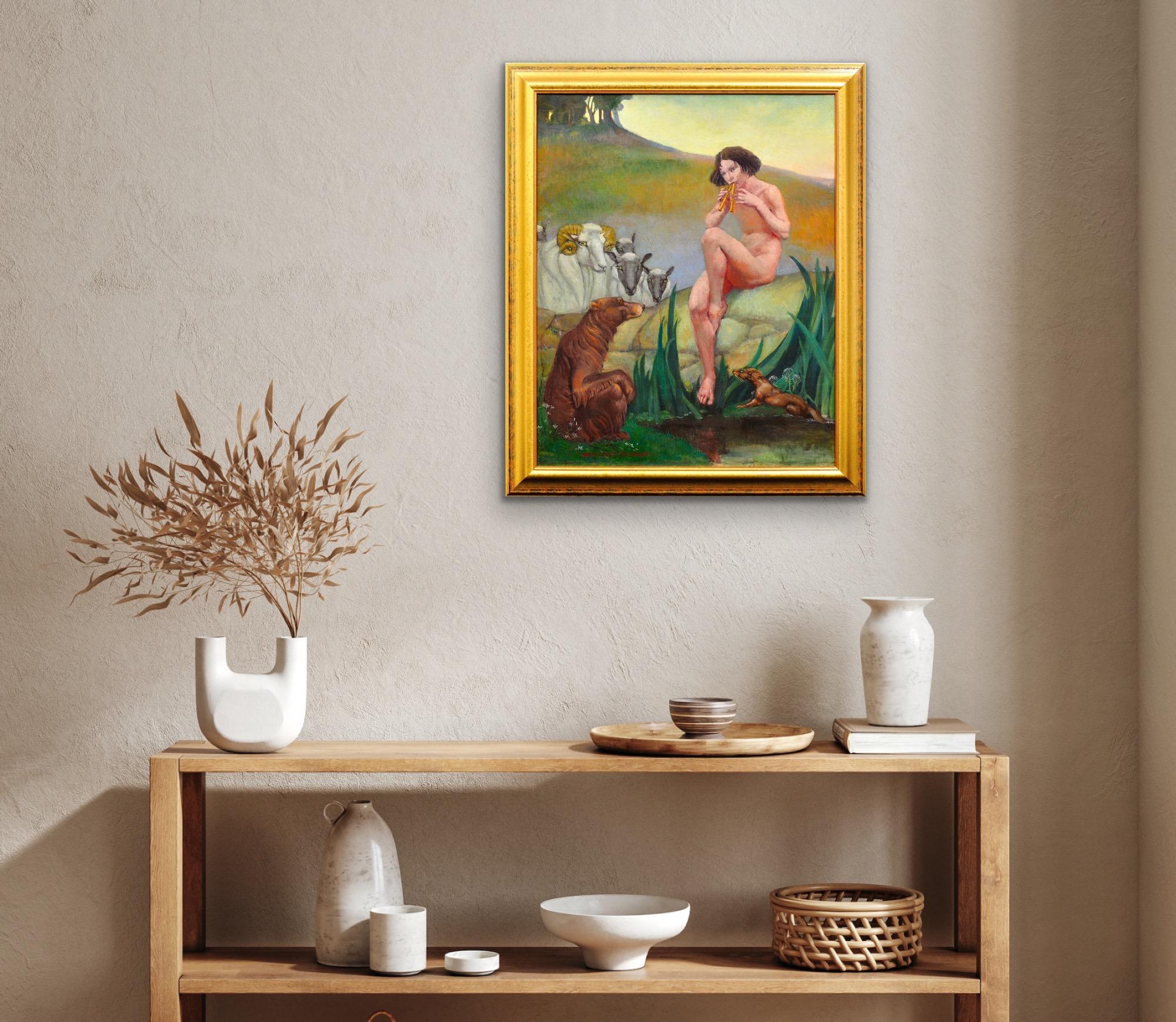 Pan Dios De La Naturaleza Tocando La Flauta De Pan Desnudo Mitológico Con Animales Pintura Al Óleo en venta 8