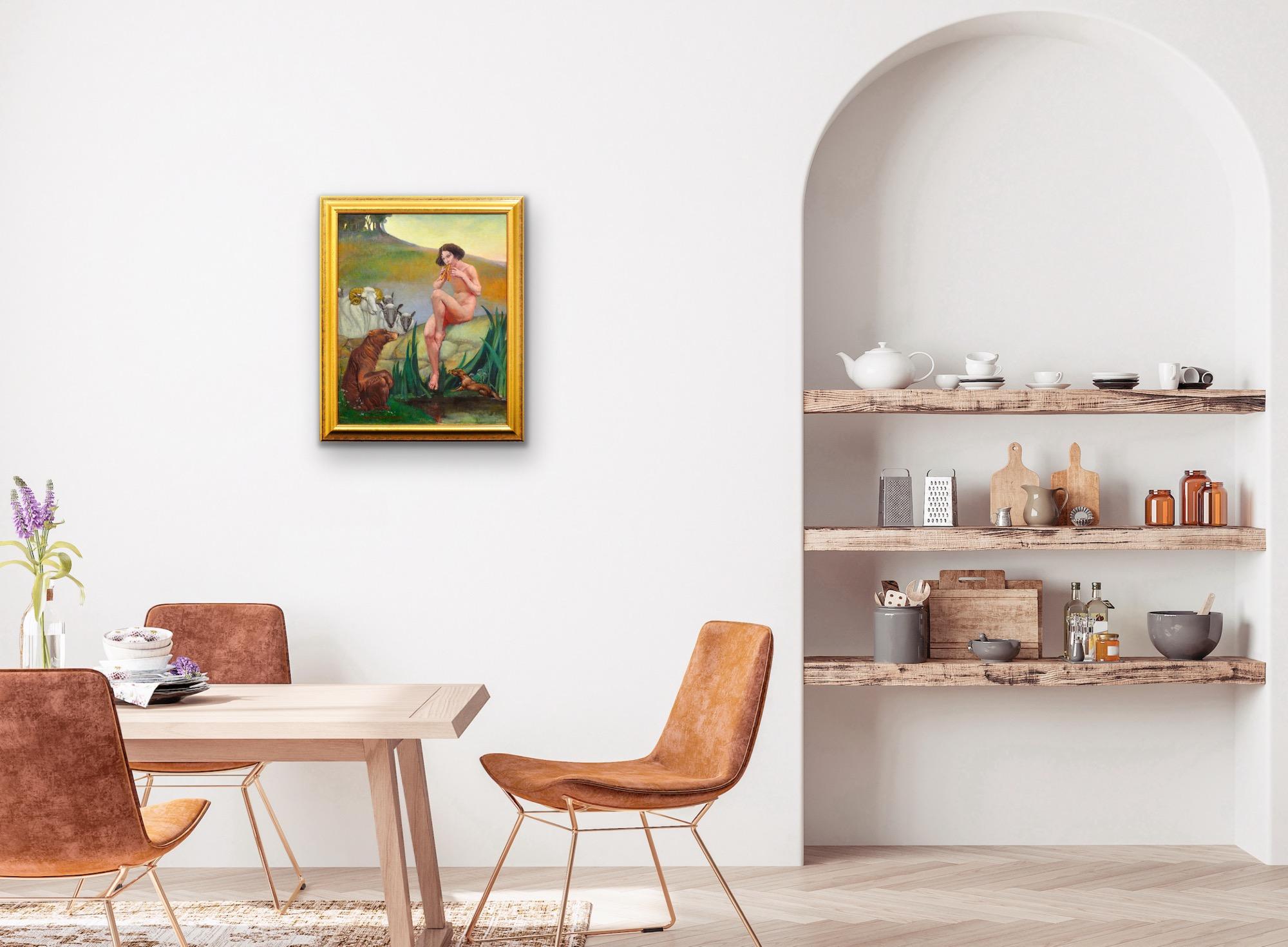 Pan Dios De La Naturaleza Tocando La Flauta De Pan Desnudo Mitológico Con Animales Pintura Al Óleo en venta 9