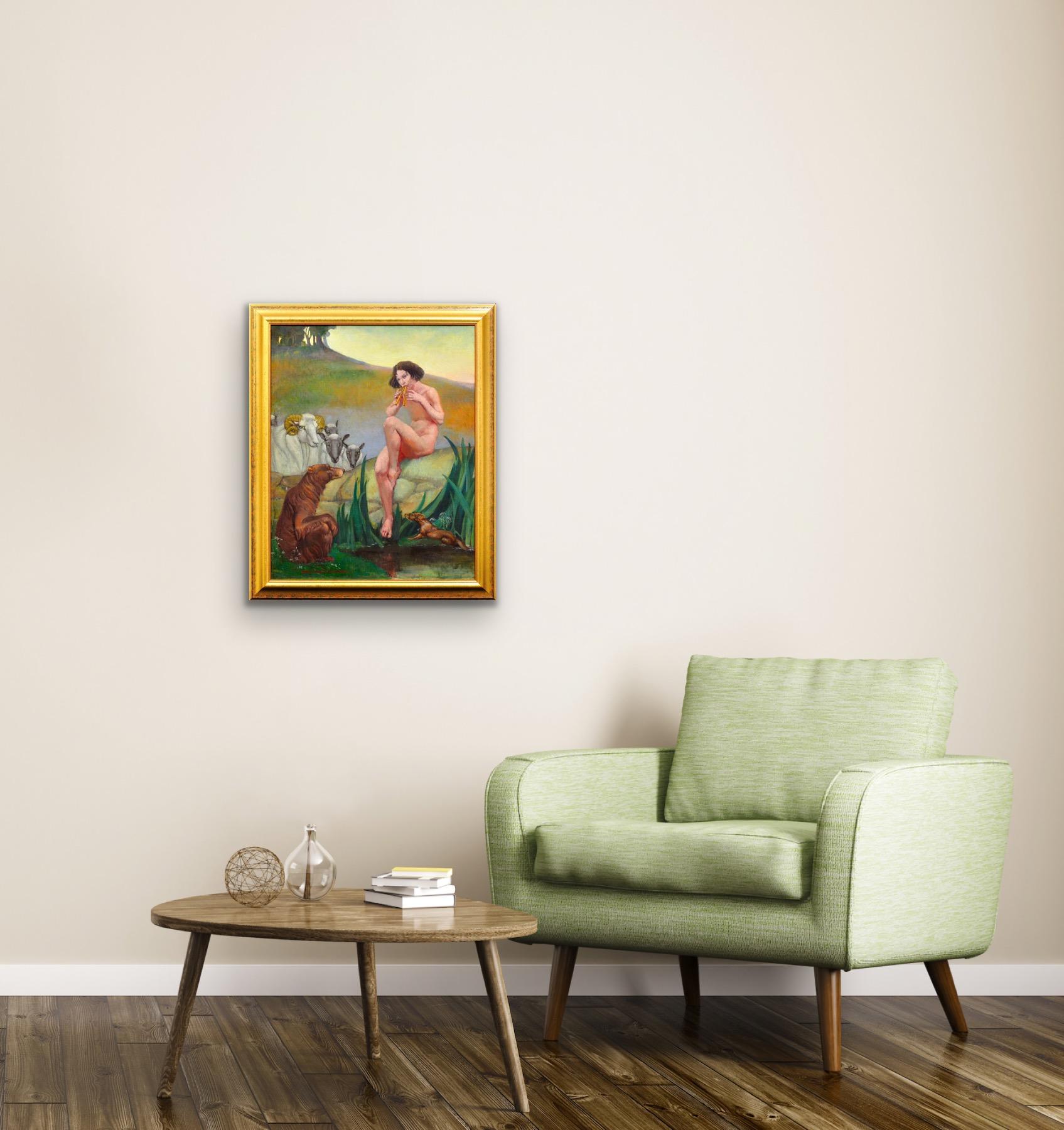 Pan Dios De La Naturaleza Tocando La Flauta De Pan Desnudo Mitológico Con Animales Pintura Al Óleo en venta 10