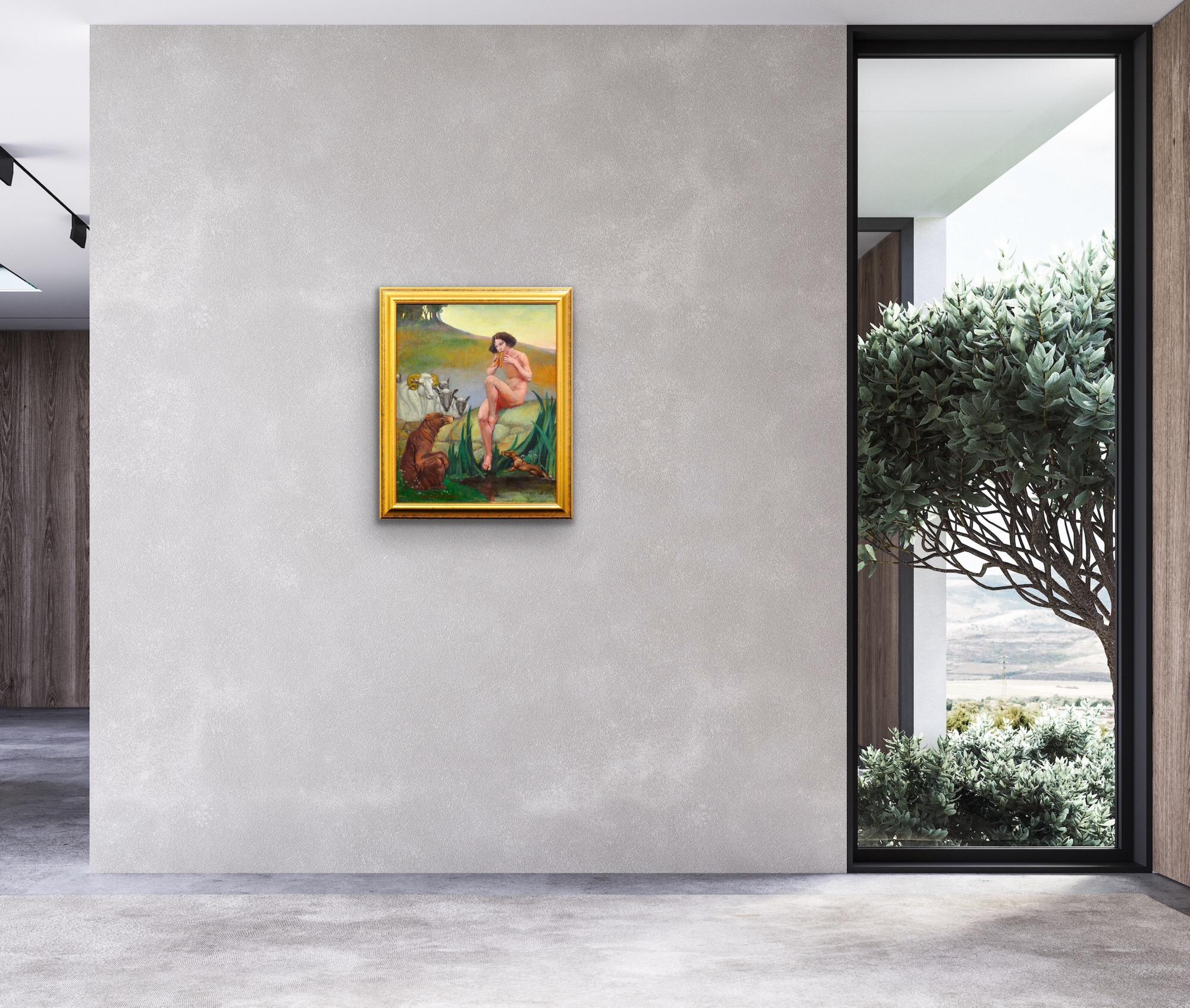 Pan Dios De La Naturaleza Tocando La Flauta De Pan Desnudo Mitológico Con Animales Pintura Al Óleo en venta 11