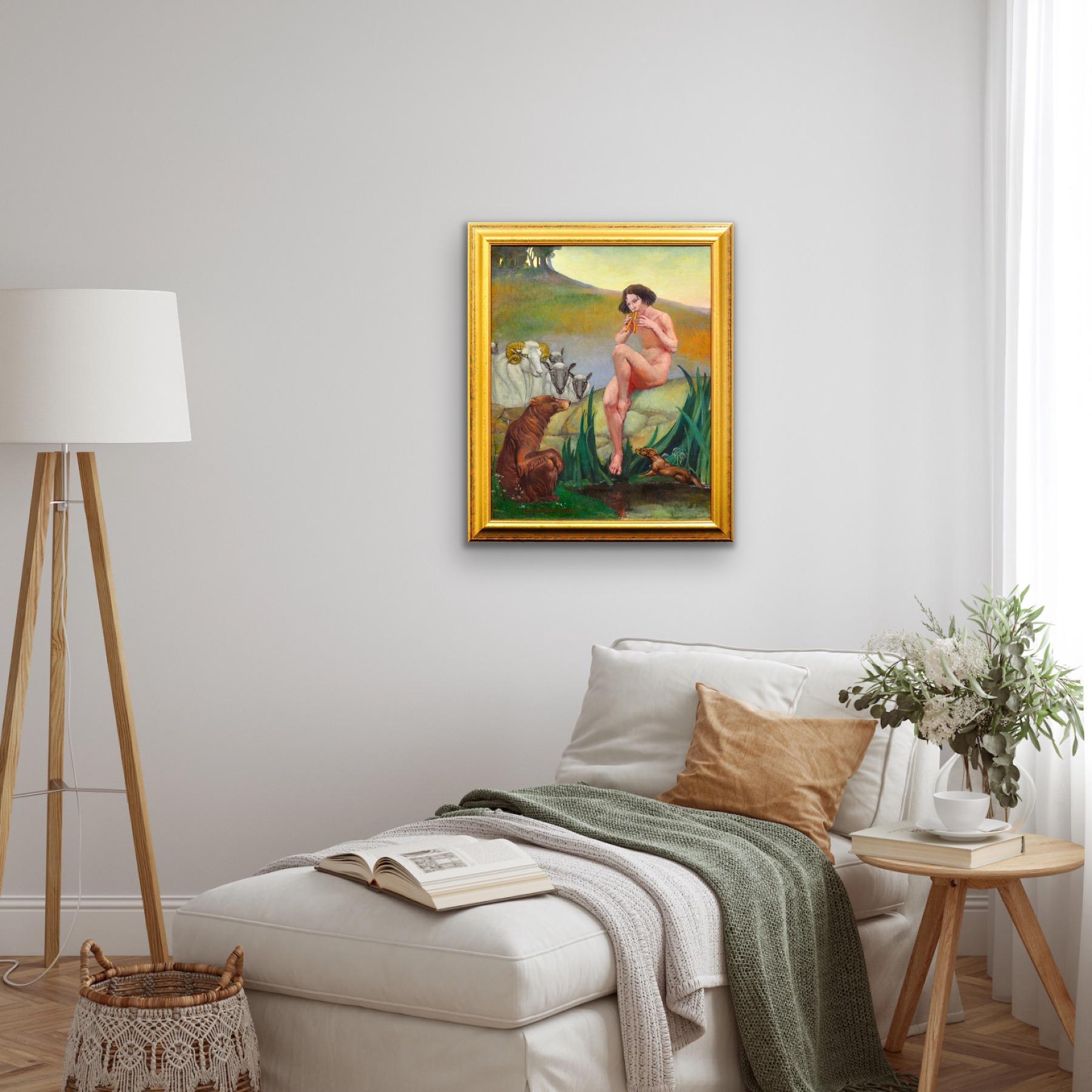 Pan Dios De La Naturaleza Tocando La Flauta De Pan Desnudo Mitológico Con Animales Pintura Al Óleo en venta 13
