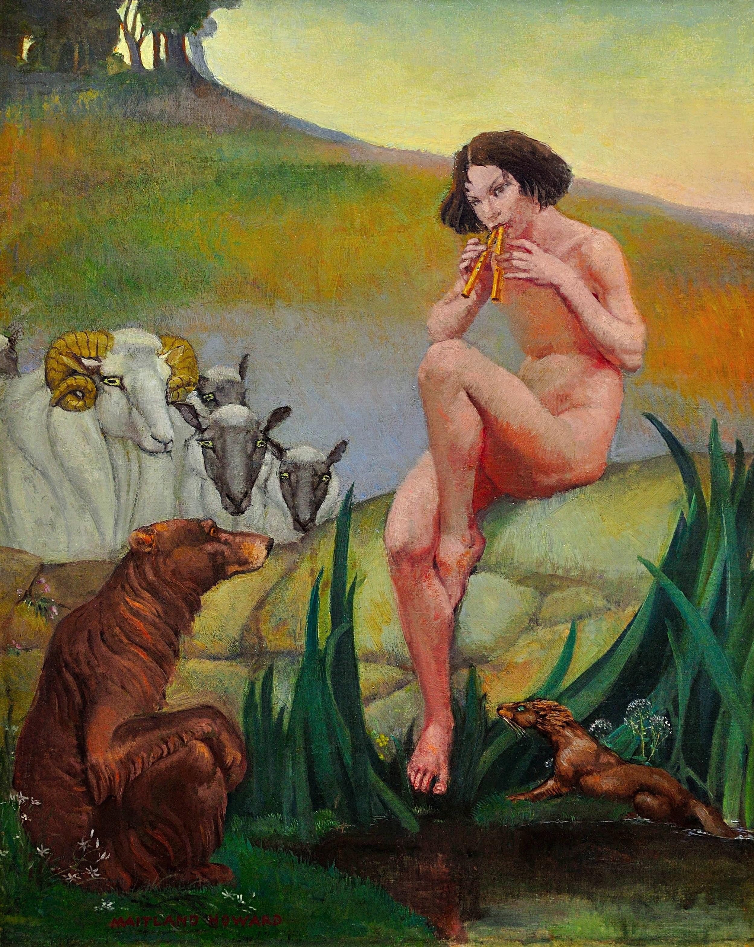 Pan Dios De La Naturaleza Tocando La Flauta De Pan Desnudo Mitológico Con Animales Pintura Al Óleo - Painting de Margaret Maitland Howard