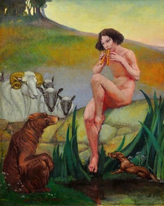 Pan Dieu de la Nature jouant de la flûte de Pan Nu mythologique avec animaux Peinture à l'huile