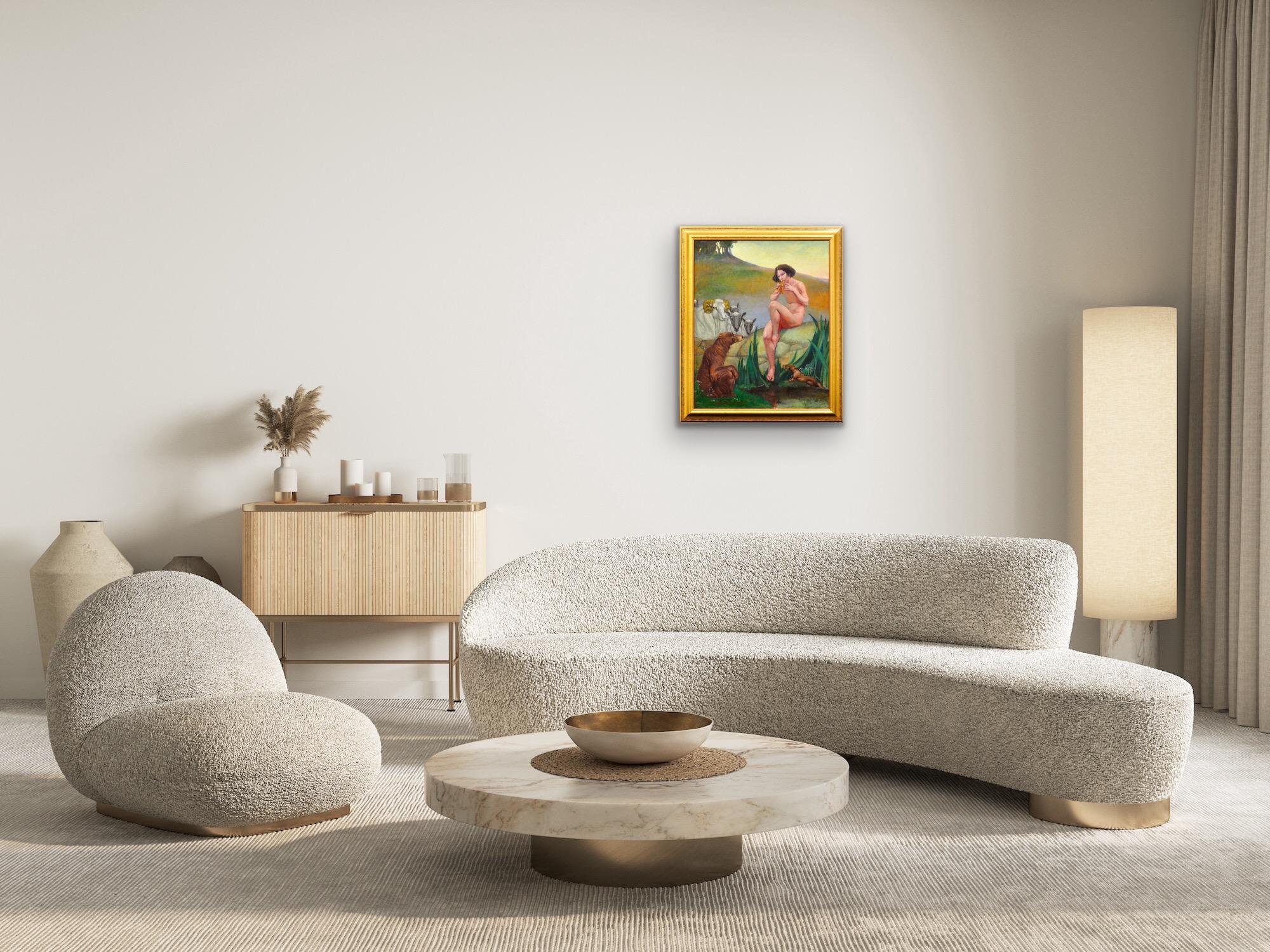 Pan Dios De La Naturaleza Tocando La Flauta De Pan Desnudo Mitológico Con Animales Pintura Al Óleo en venta 1