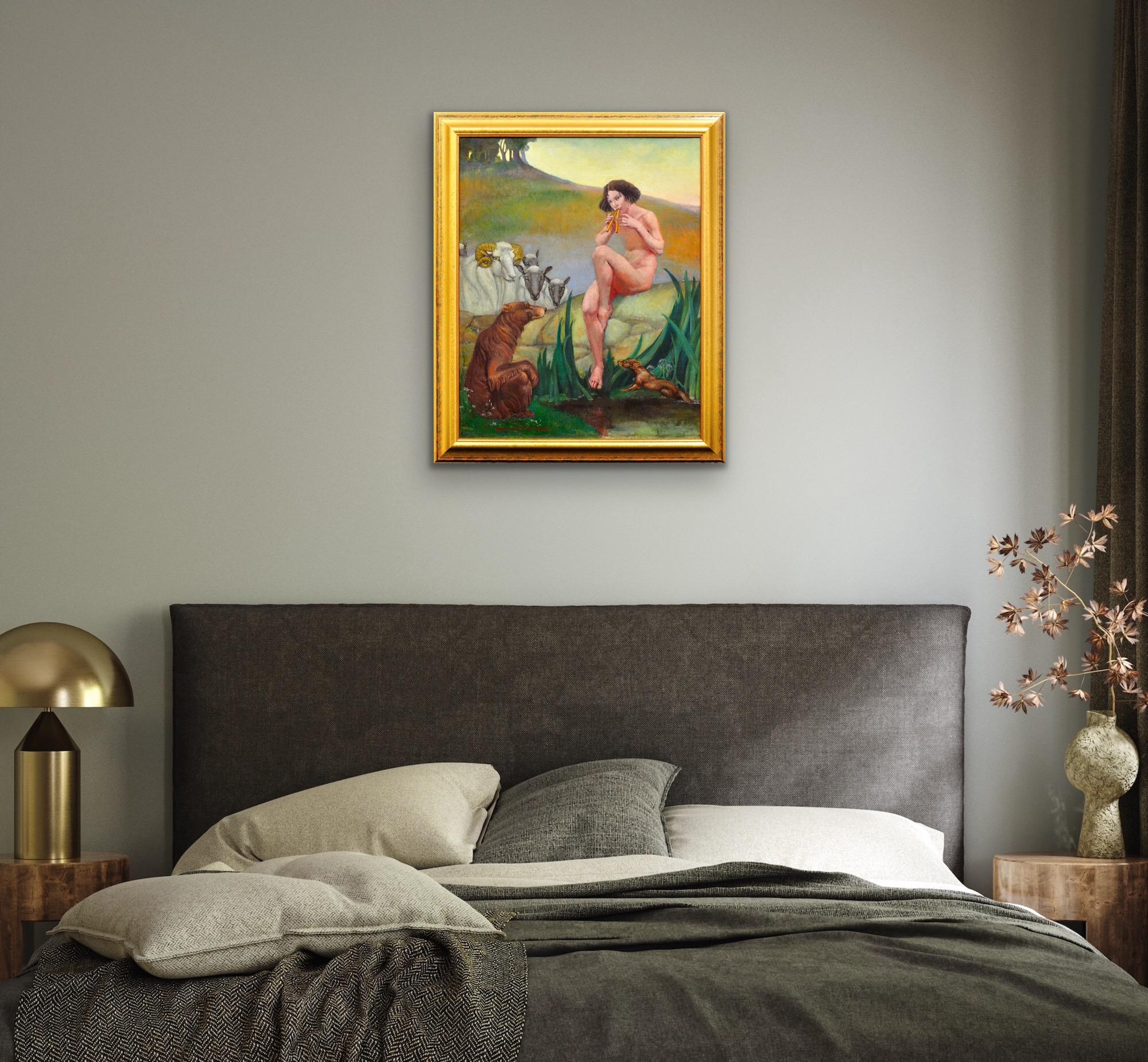Pan Dios De La Naturaleza Tocando La Flauta De Pan Desnudo Mitológico Con Animales Pintura Al Óleo en venta 2