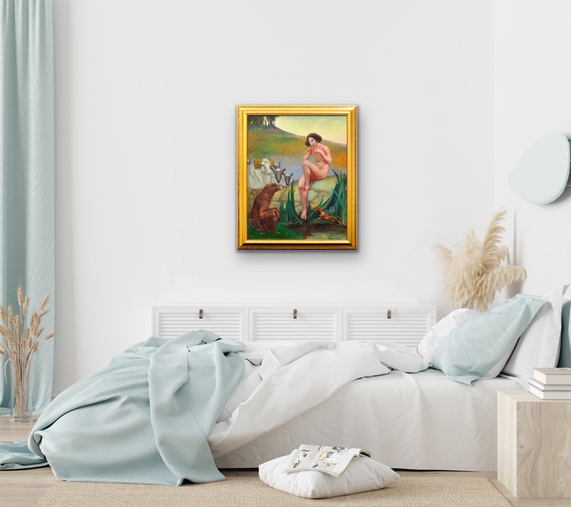 Pan Dios De La Naturaleza Tocando La Flauta De Pan Desnudo Mitológico Con Animales Pintura Al Óleo en venta 3