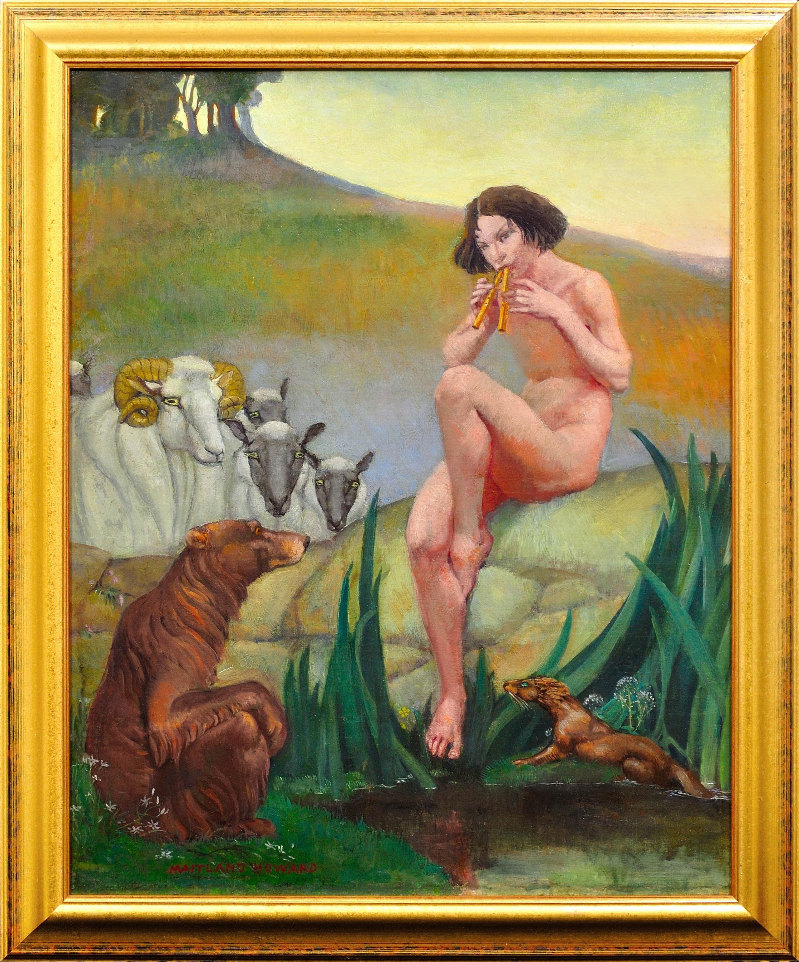Animal Painting de Margaret Maitland Howard - Pan Dios De La Naturaleza Tocando La Flauta De Pan Desnudo Mitológico Con Animales Pintura Al Óleo