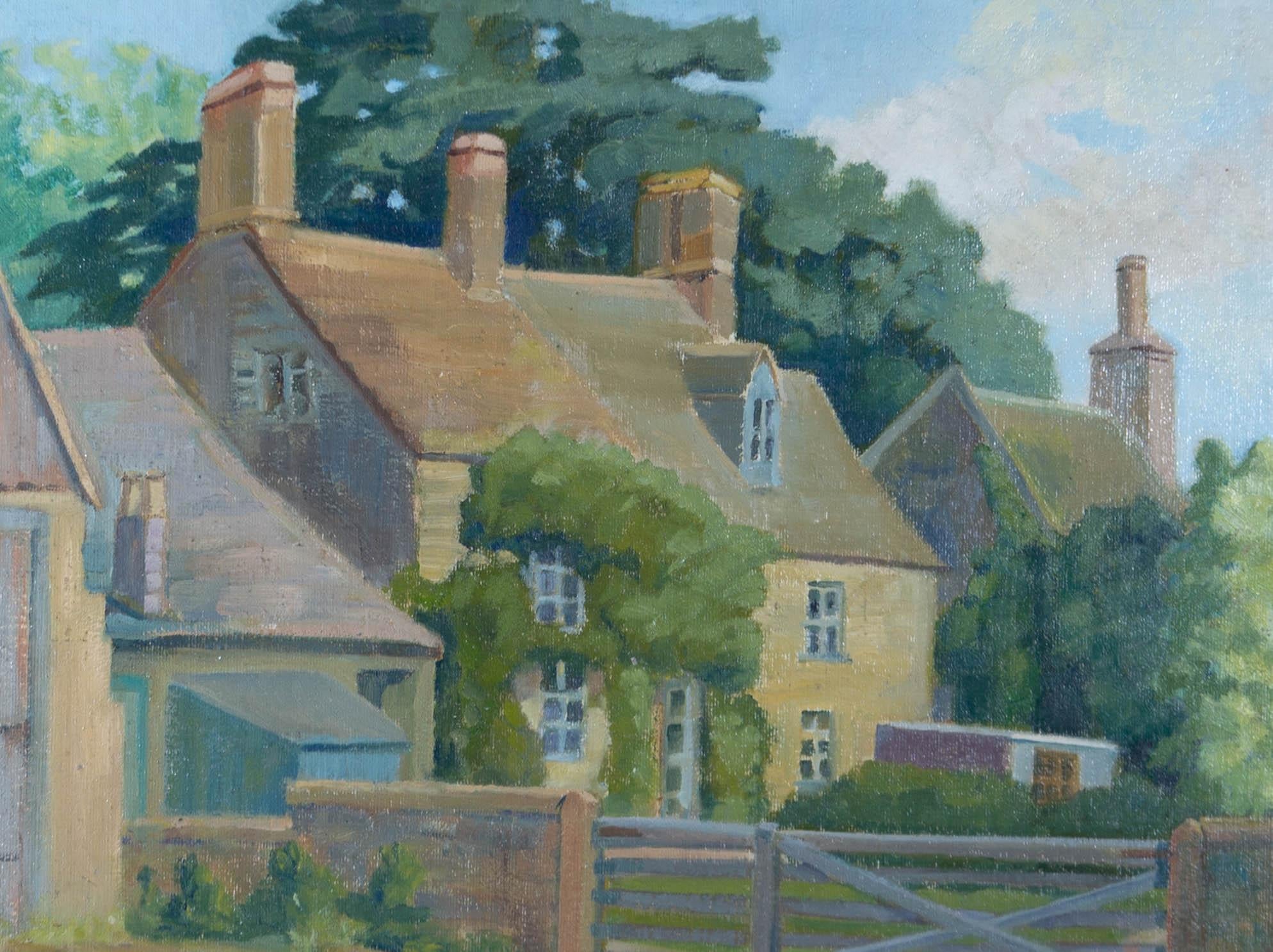 A wonderful study by Margaret McClean depicting a little English cottage with a front garden and ivy-covered facade. Presented in a distressed wood frame. Signed to the lower edge. On canvas board.
