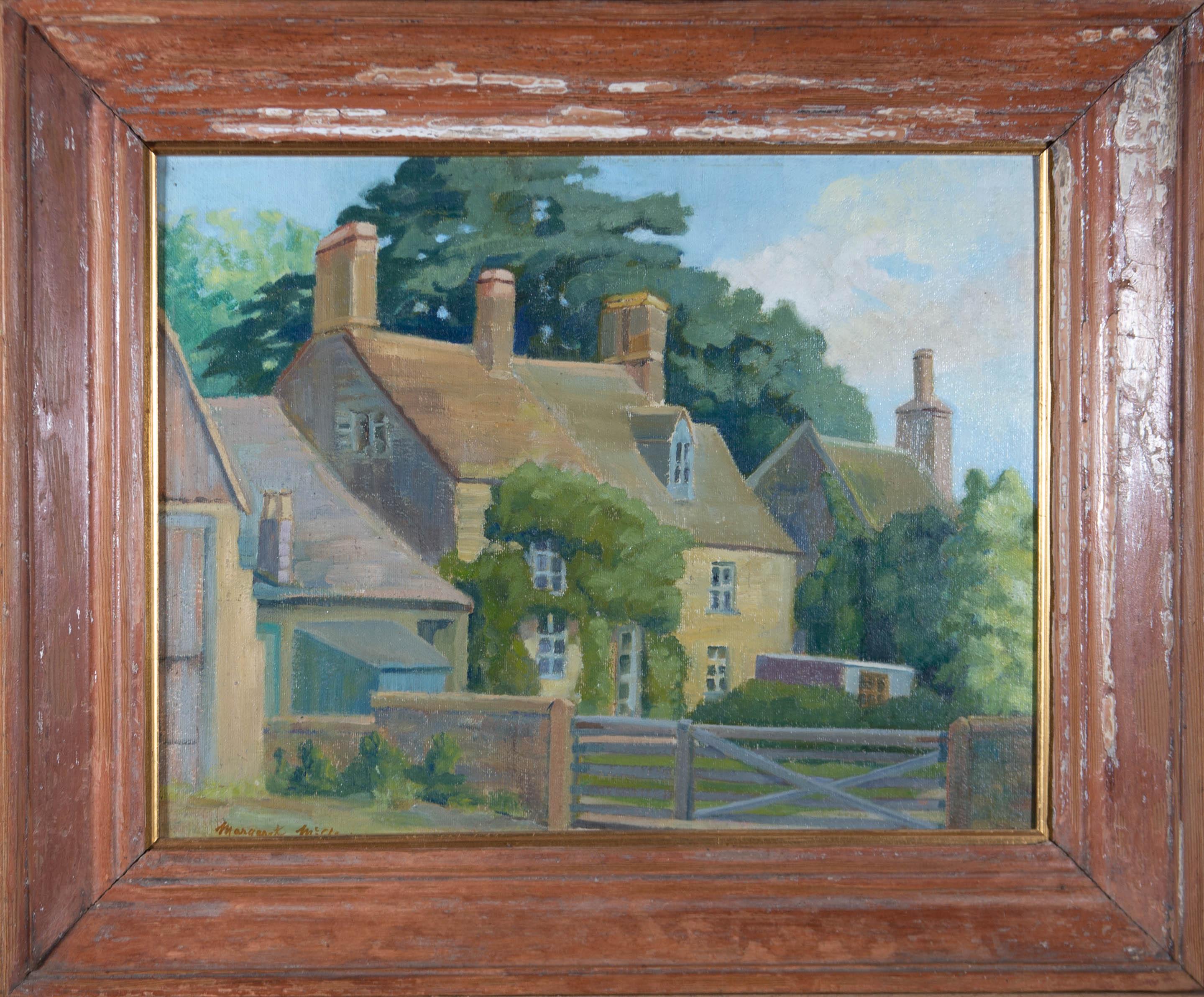 Une magnifique étude de Margaret McClean représentant un petit cottage anglais avec un jardin de devant et une façade recouverte de lierre. Présenté dans un cadre en bois vieilli. Signé sur le bord inférieur. Sur panneau de toile.
