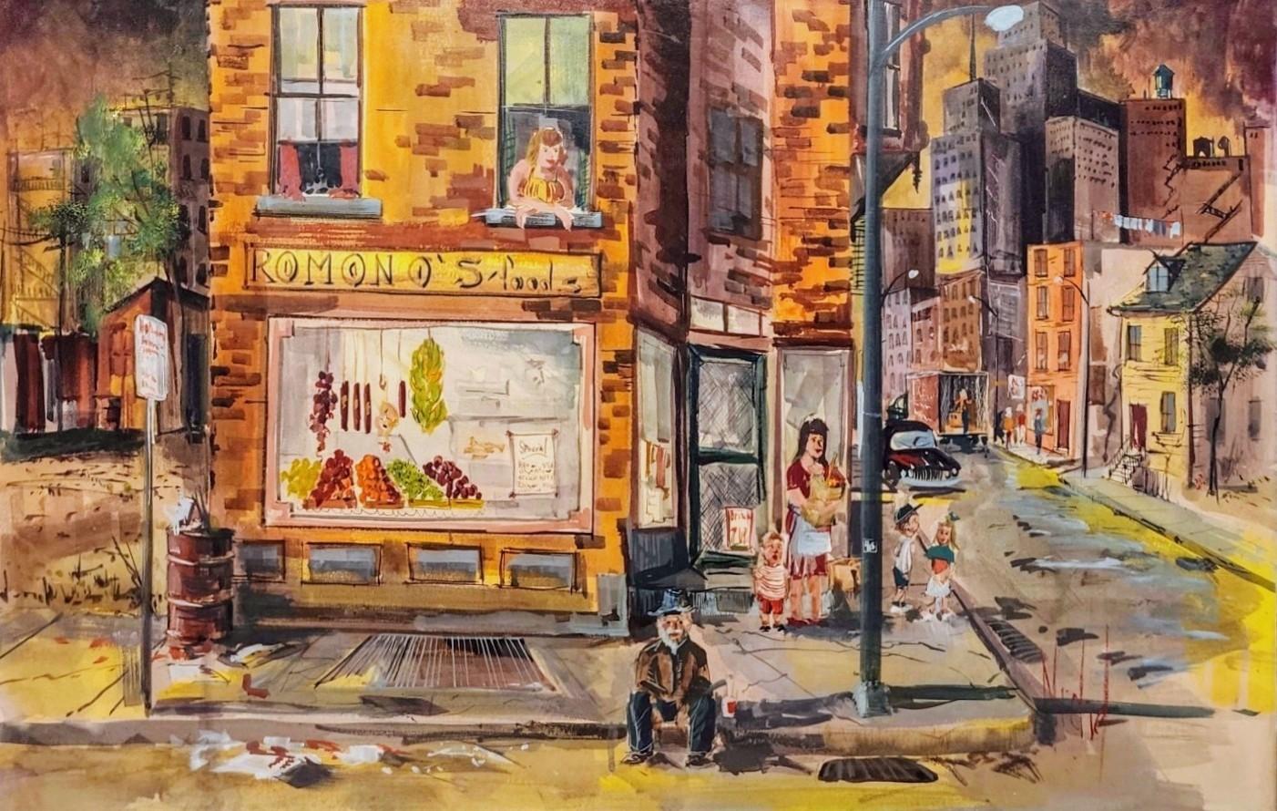 Ramono's Foods, Chicago Street Scene, Vintage-Szene, 1960er Jahre Stadtszene – Painting von Margaret Michel