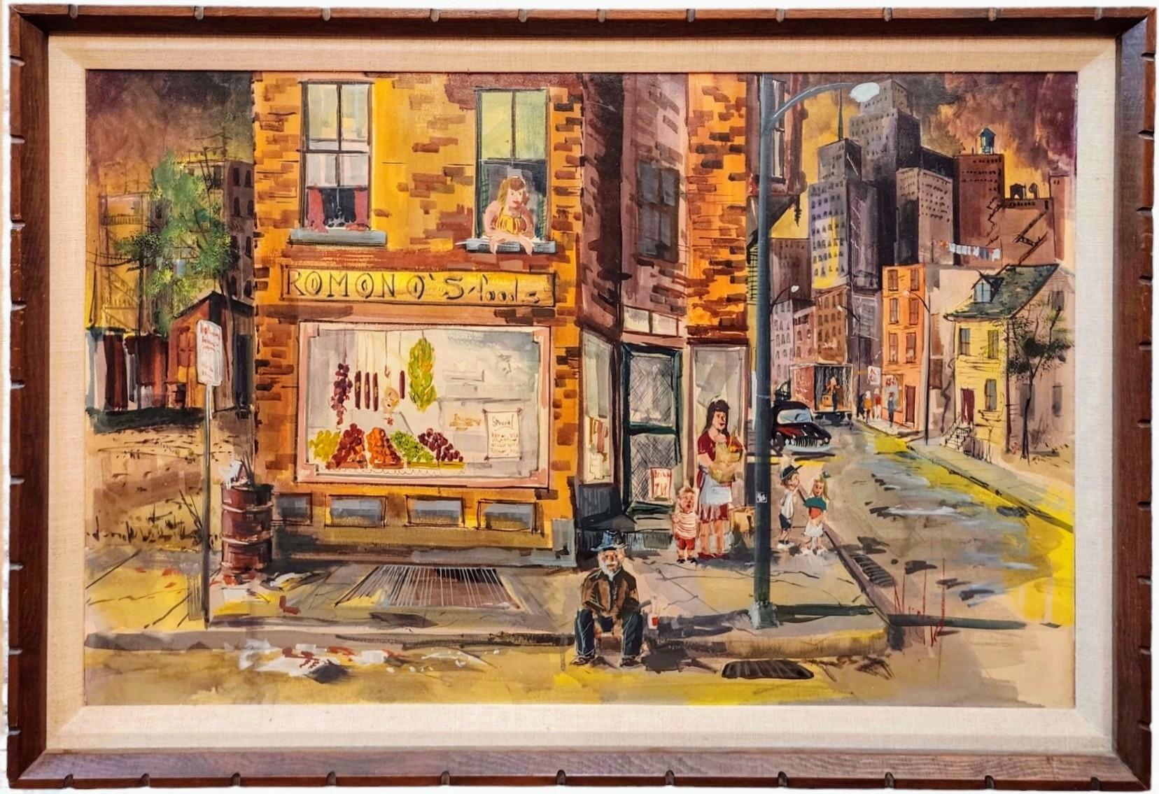 Margaret Michel Landscape Painting – Ramono's Foods, Chicago Street Scene, Vintage-Szene, 1960er Jahre Stadtszene
