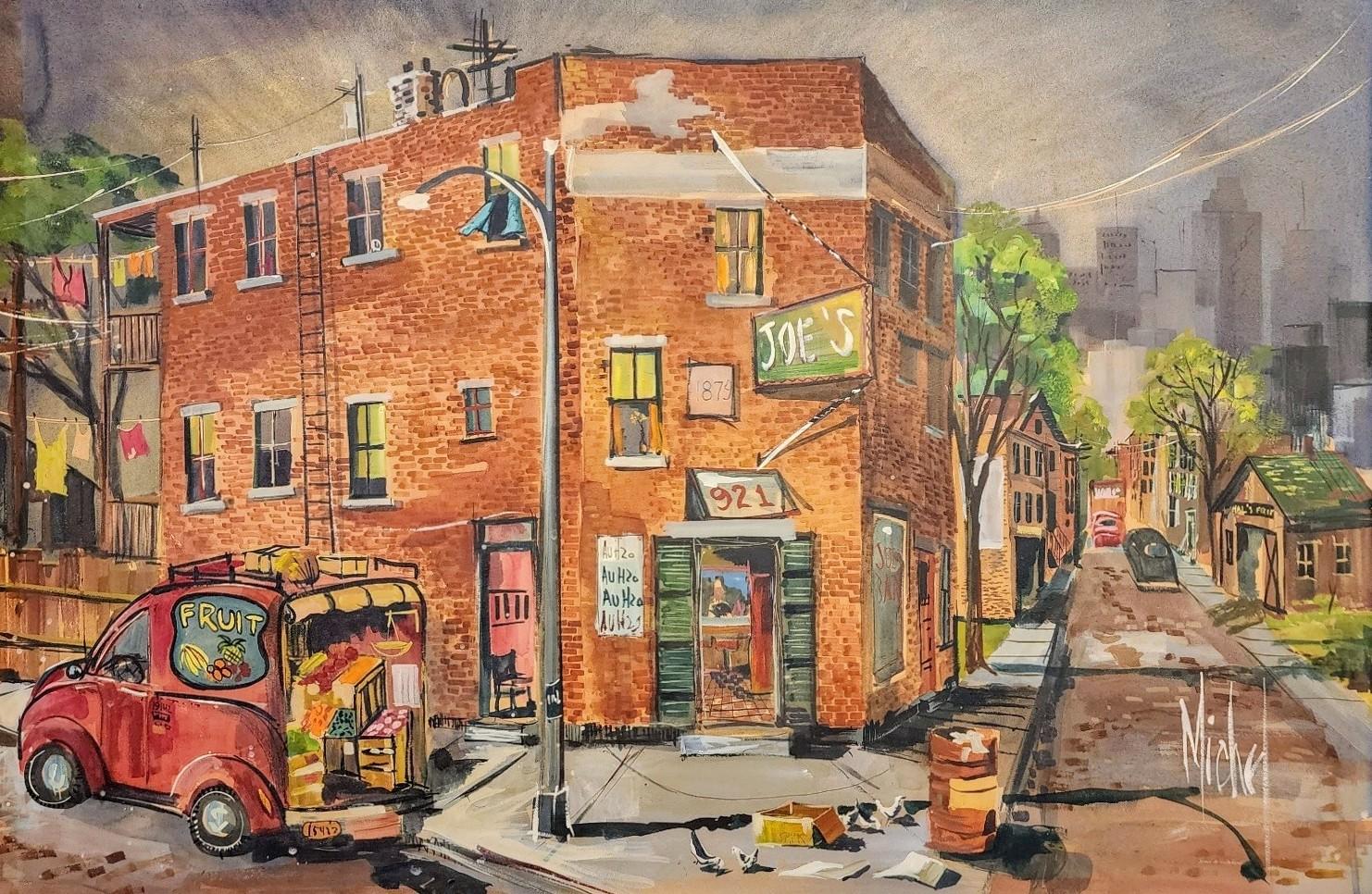 Water Street Market, Chicago Street Scene, Vintage 1960er Jahre, Chicago Moderne Kunst in der Water Street – Painting von Margaret Michel