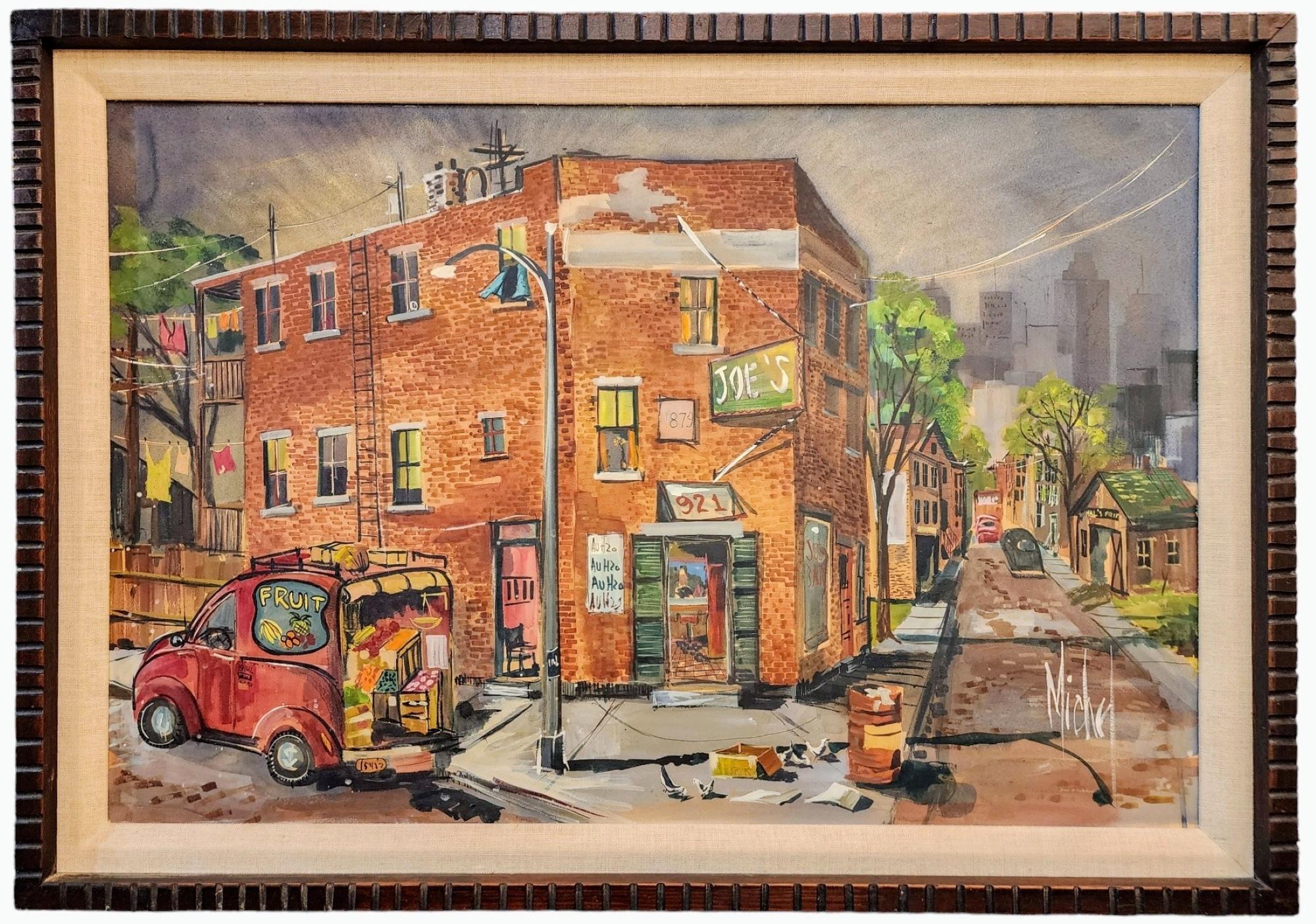 Water Street Market, Chicago Street Scene, Vintage 1960s, Chicago Modern Art - Painting by Margaret Michel
