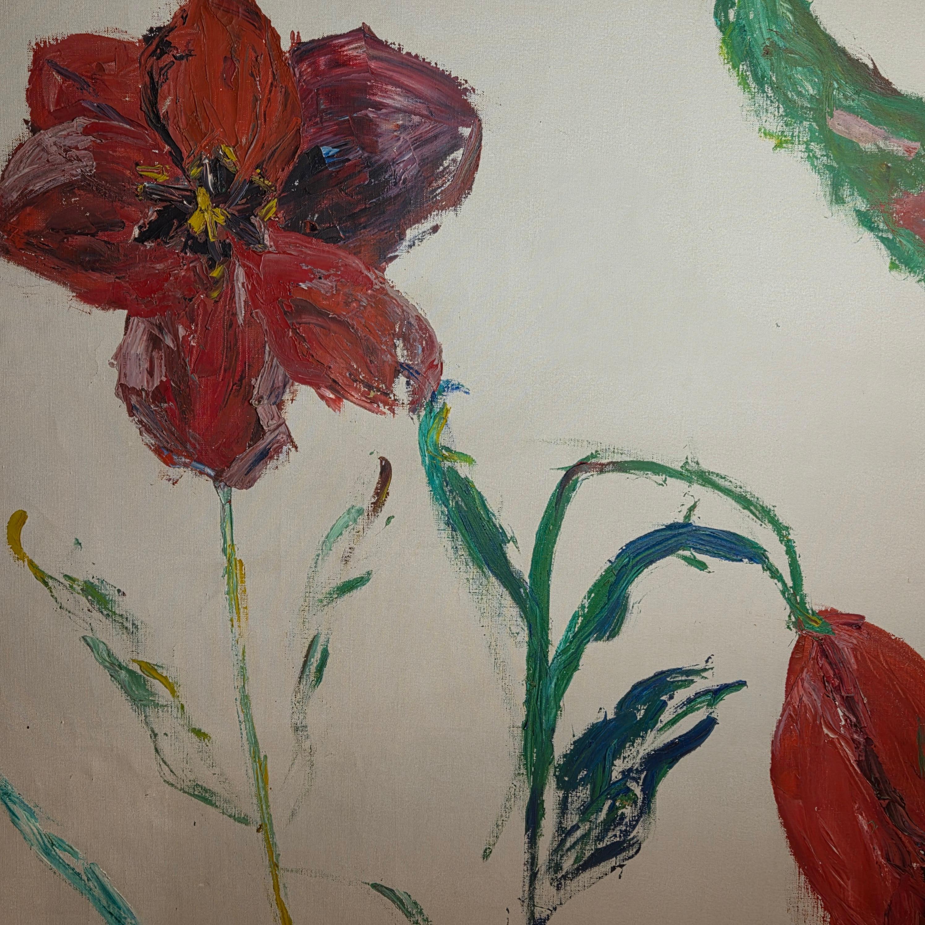 Monumental large-scale floral abstraction by Margaret Milliken, associated with the American Abstract
Expressionist movement. Executed in richly textured acrylic impasto, the canvas transforms naturalistic
tulip forms into expressive color and