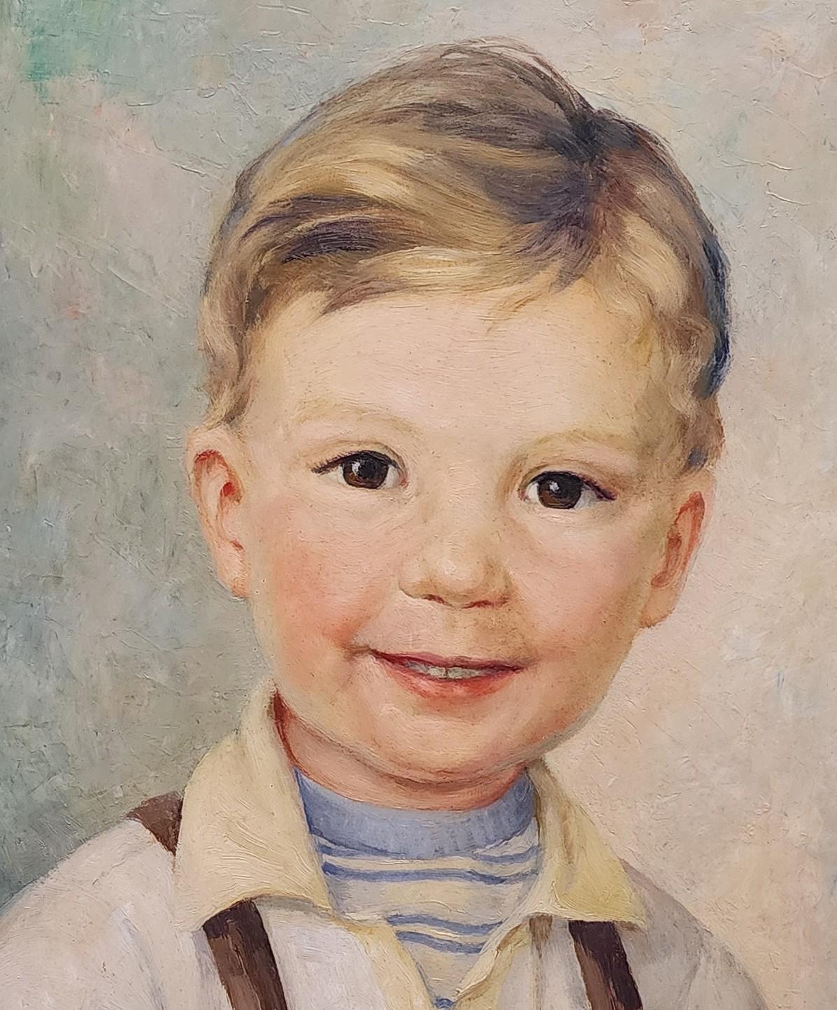 Portrait of a Boy, Brown Eyes, Overalls, Mid Century, July 1950 - Painting by Margaret Morrison Roeth