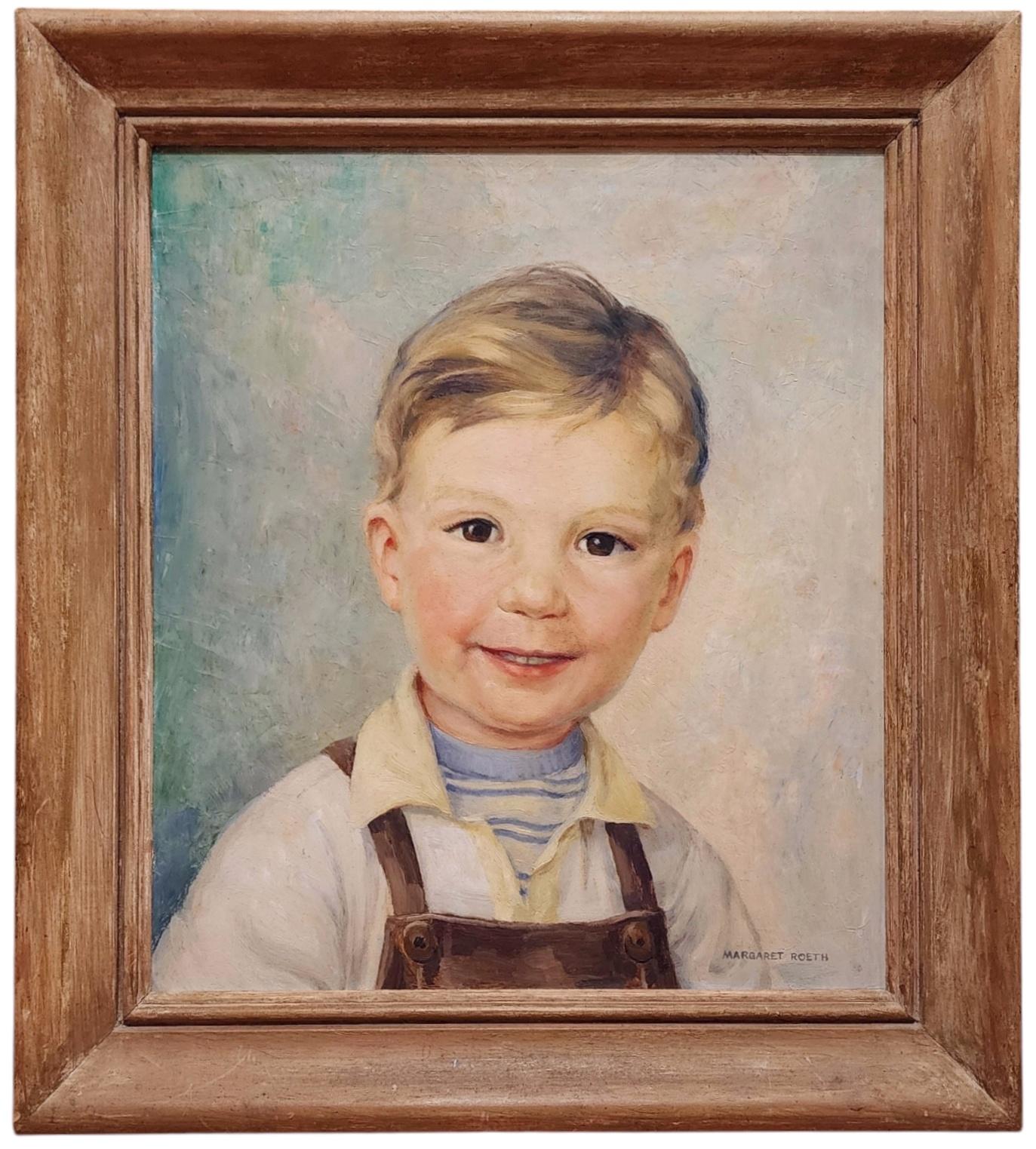 Margaret Morrison Roeth Portrait Painting - Portrait of a Boy, Brown Eyes, Overalls, Mid Century, July 1950
