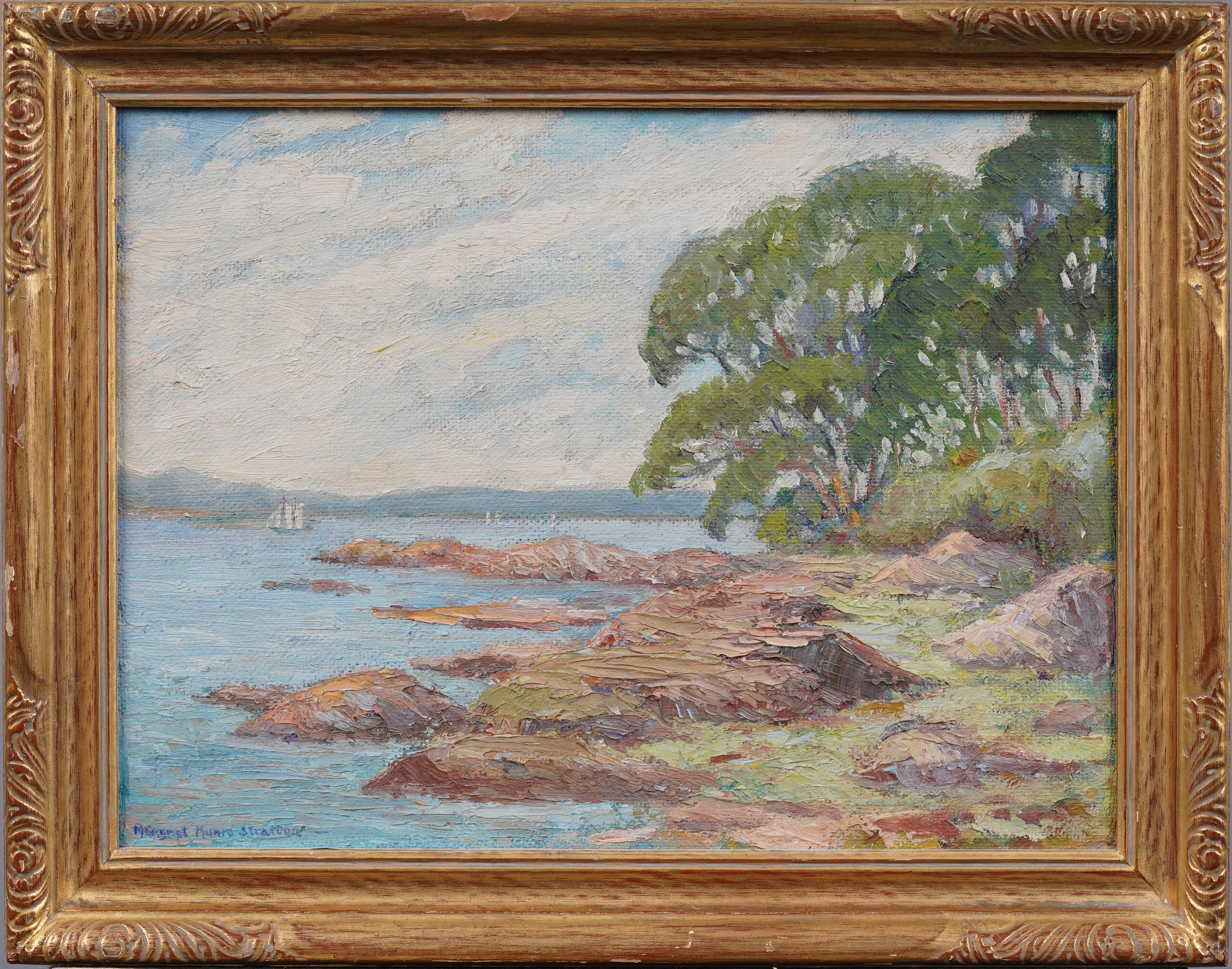 Antiguo cuadro al óleo impresionista americano Paisaje de verano en un lago Marco de madera dorada - Painting de Margaret Munro Stratton McLennan
