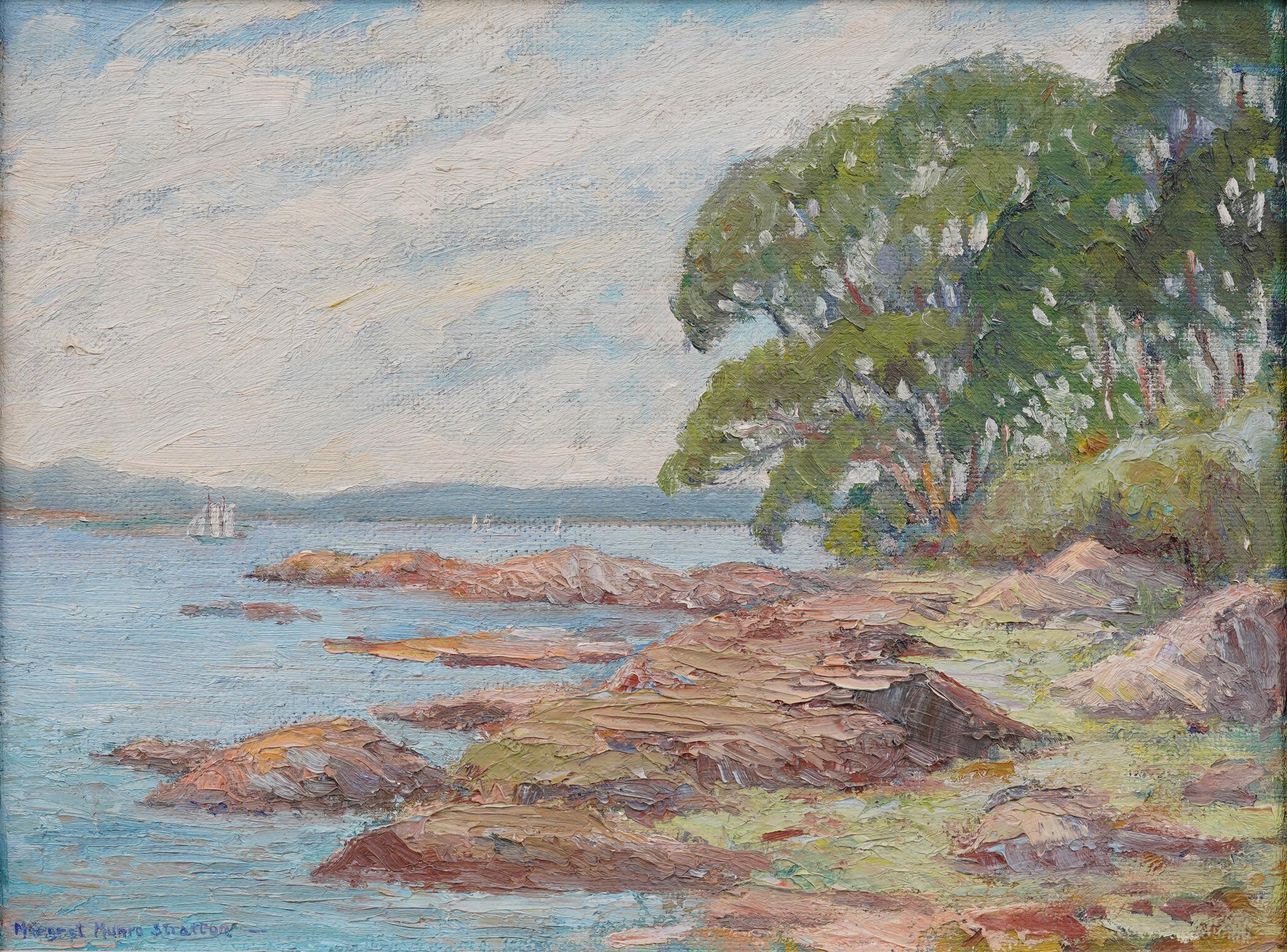 Antiguo cuadro al óleo impresionista americano Paisaje de verano en un lago Marco de madera dorada - Painting Abstracto de Margaret Munro Stratton McLennan