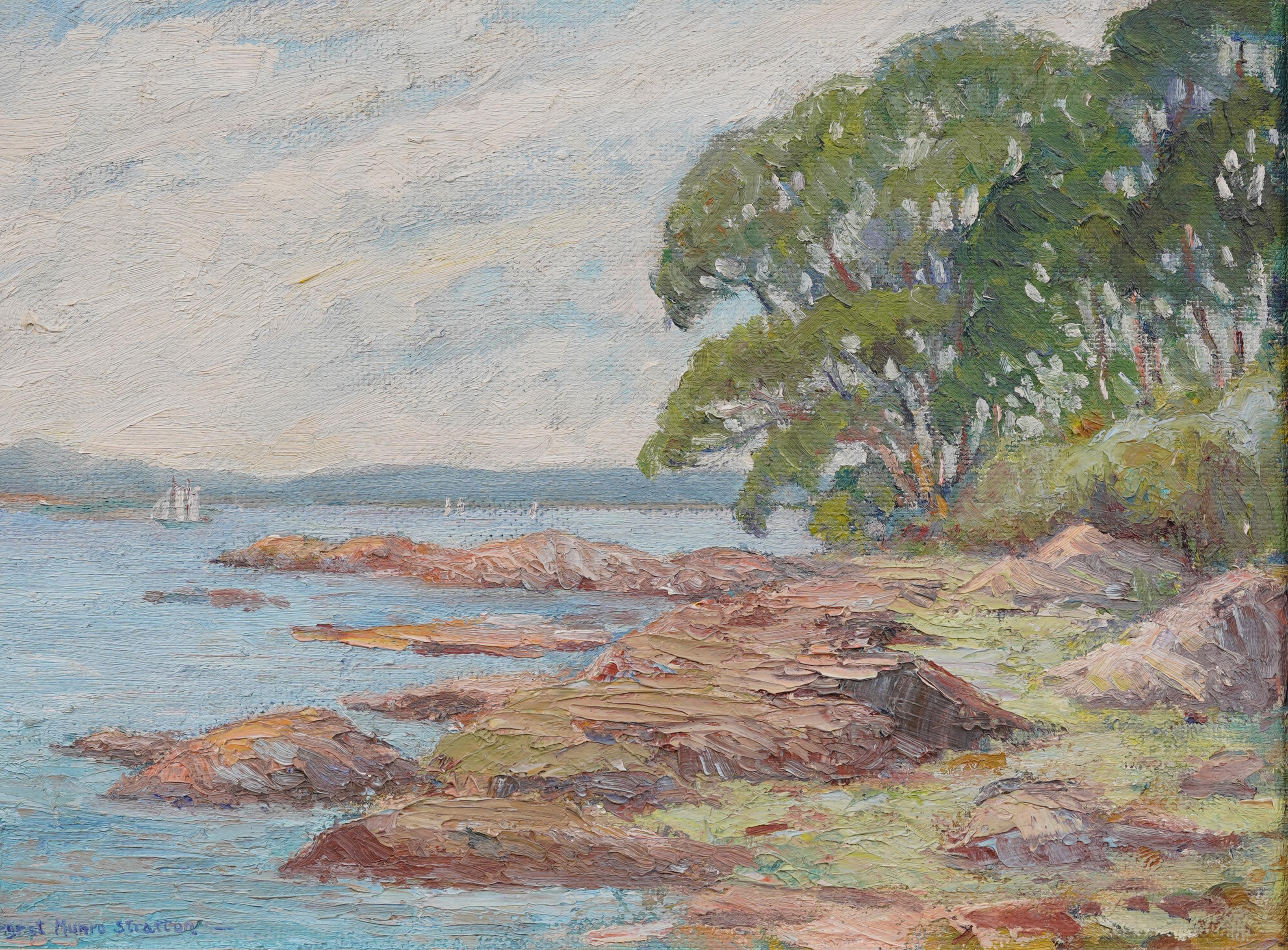 Antiguo cuadro al óleo impresionista americano Paisaje de verano en un lago Marco de madera dorada - Landscape Painting Marrón de Margaret Munro Stratton McLennan