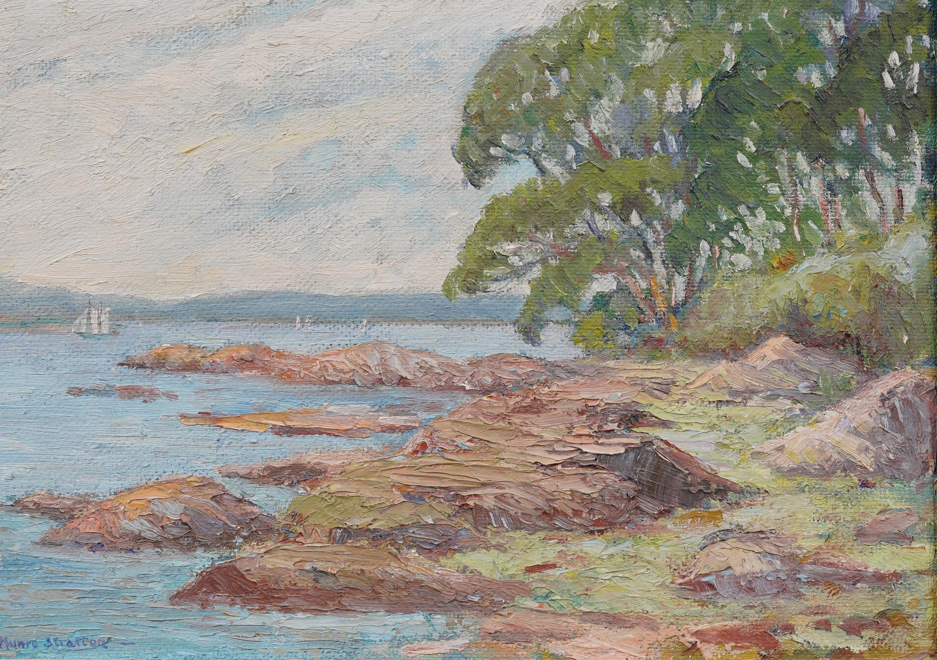 Impresionante pintura al óleo de Margaret Munro Stratton McLennan (1911-1995), de principios del impresionismo marino estadounidense.  Enmarcado.  Óleo sobre tabla.  Firmado.  Tamaño de la imagen, 12H por 16L.
