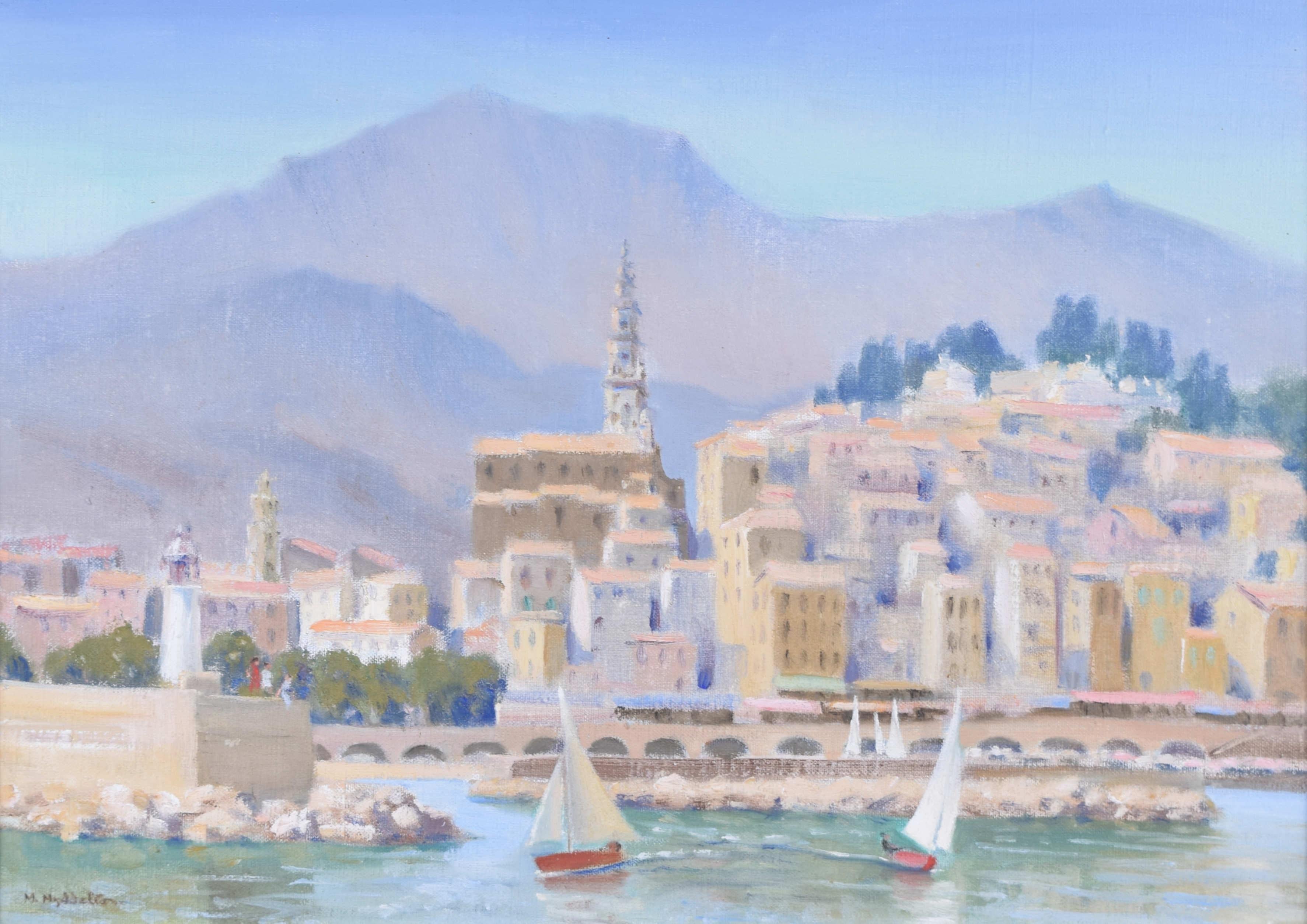 Menton Harbour, French Riviera oil painting by Lady Margaret Myddleton For Sale 5