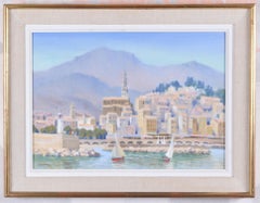 Vintage Menton Harbour, French Riviera oil painting by Lady Margaret Myddleton