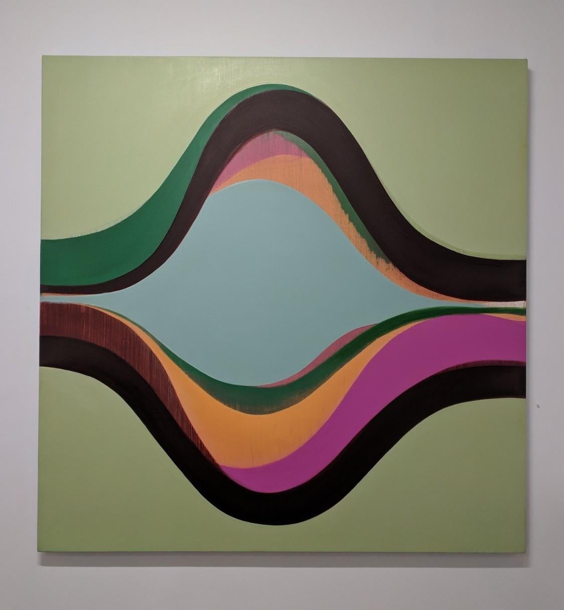 Emissary:: Geometrisches abstraktes Gemälde mit Grün:: Magenta:: Rosa:: Braun:: Orange – Painting von Margaret Neill